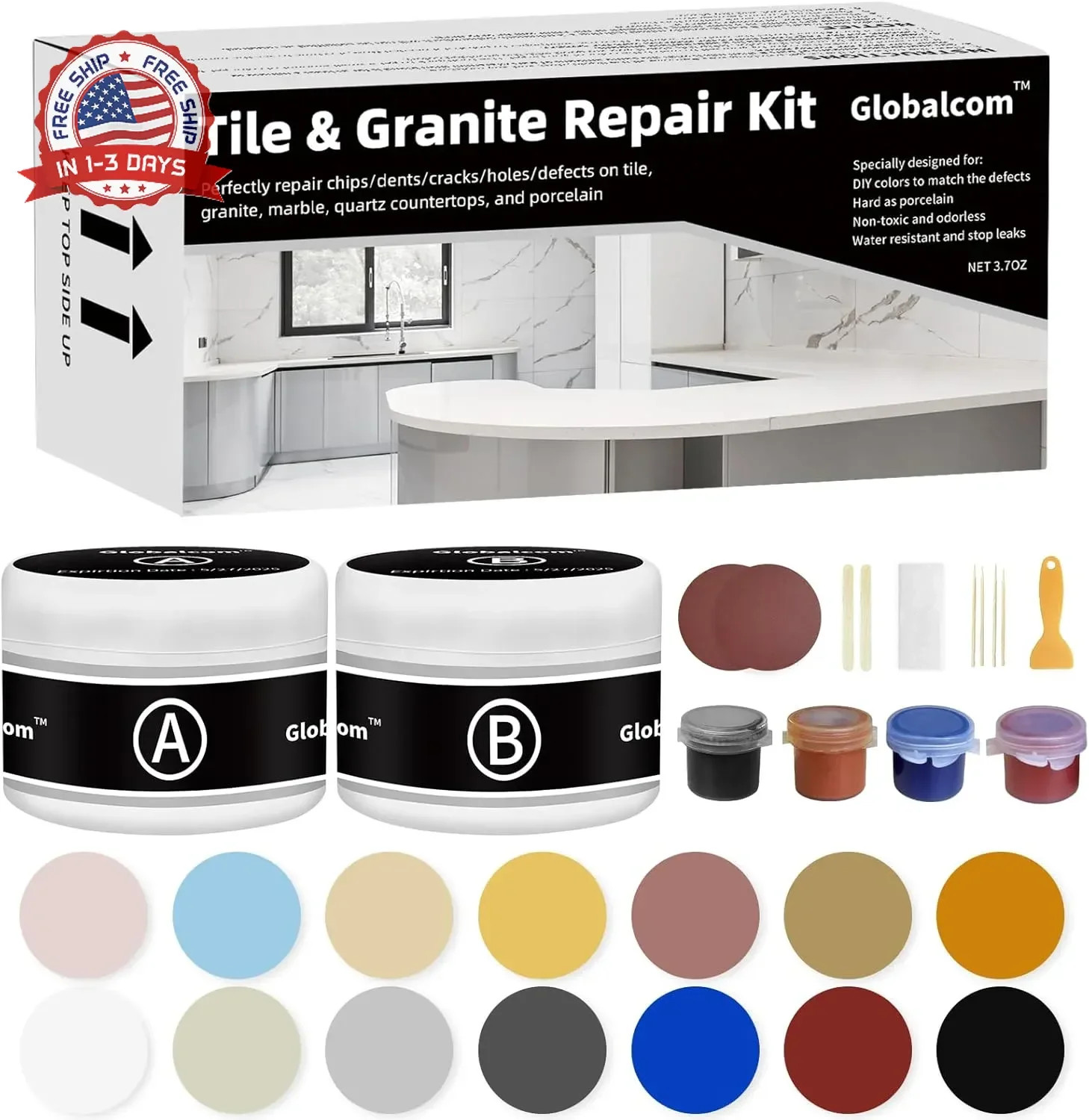 Globalcom Tile and Granite/Marble Repair Kit, Porcelain Stone and Quartz Counter