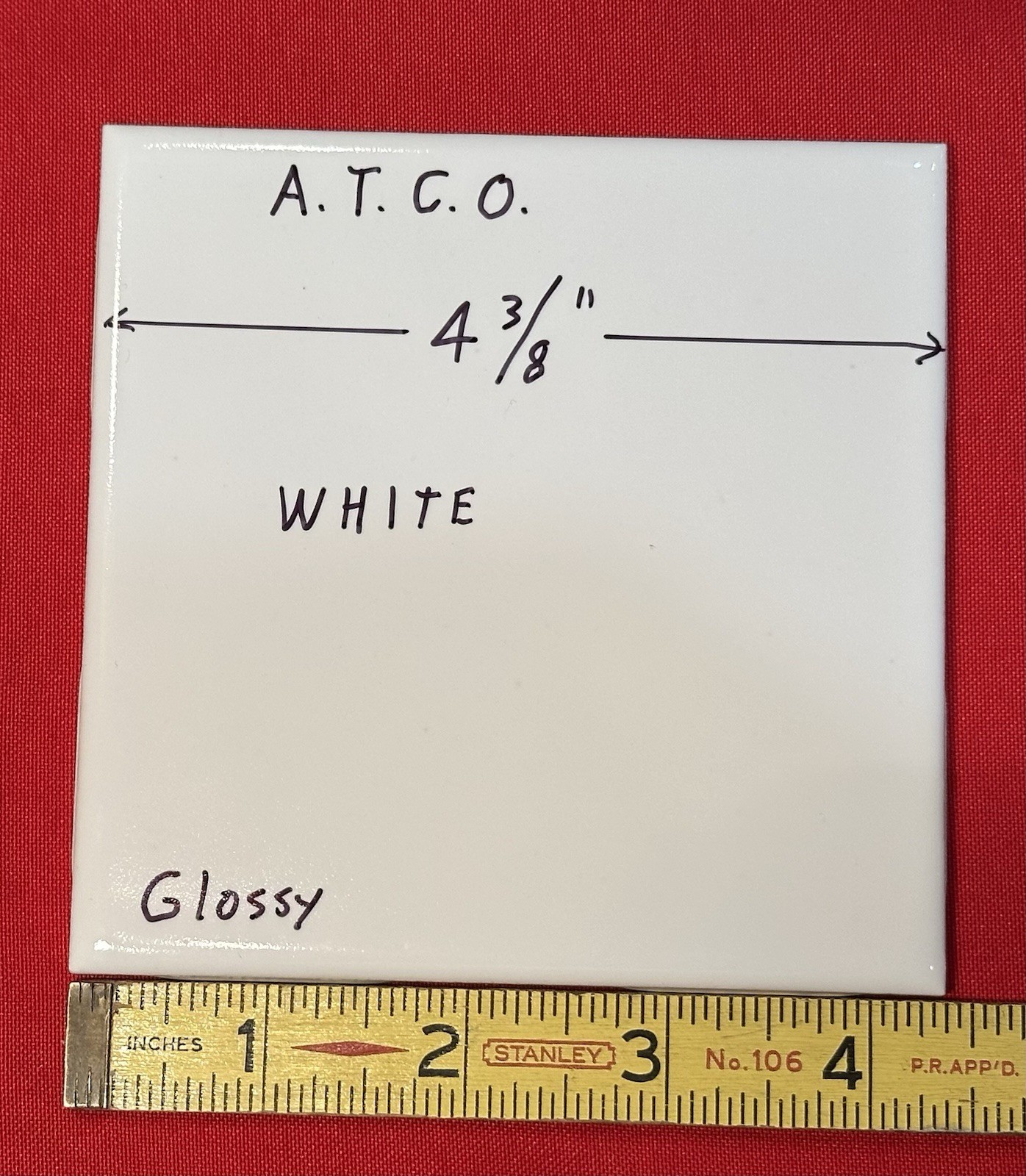 1 pc. Gloss White: 4-3/8″ Glossy Ceramic Tile by A.T.C.O. NEW OLD STOCK