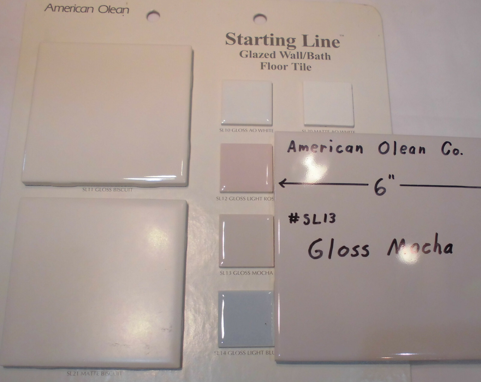 1 pc. 6″ X 6″ Ceramic Tile *Gloss Mocha #SL13* by American Olean; off-white
