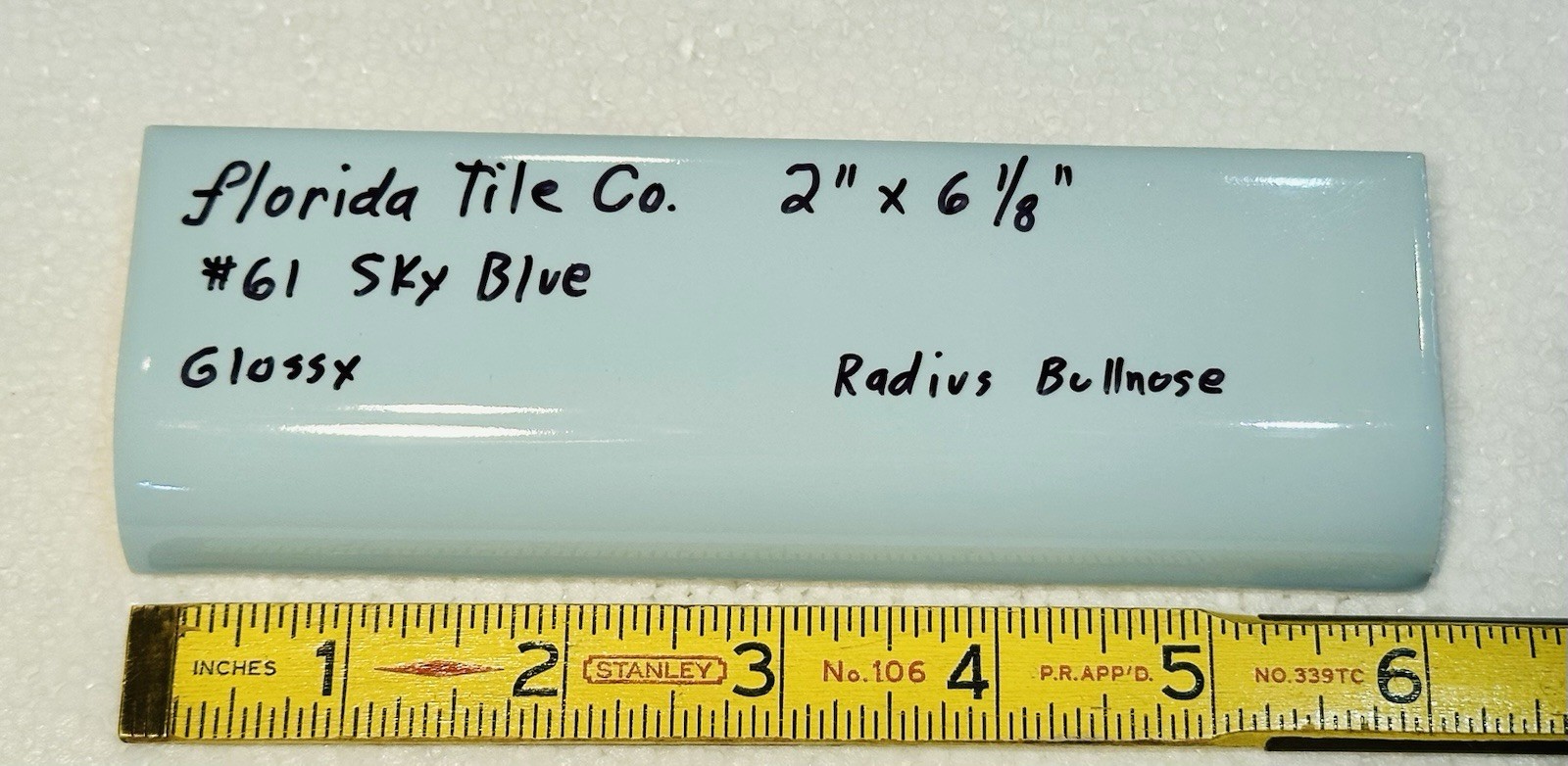 1 pc. Sky Blue: 2″ X 6-1/8″ Glossy Ceramic Radius Bullnose Trim Florida Tile NOS