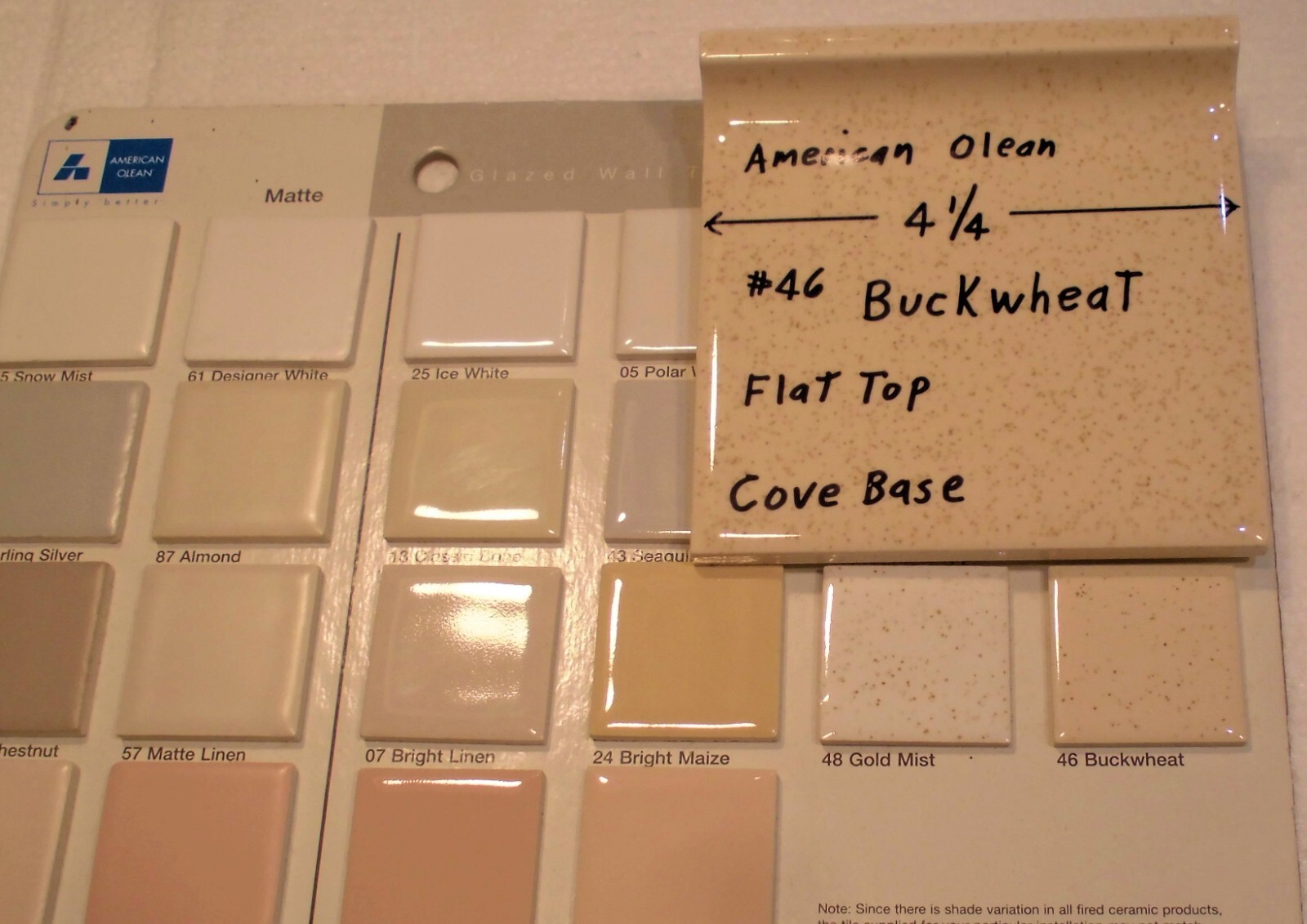 1 pc. *Buckwheat* Flat Top; base/cove Ceramic Tile; 4-1/4″ American Olean #46