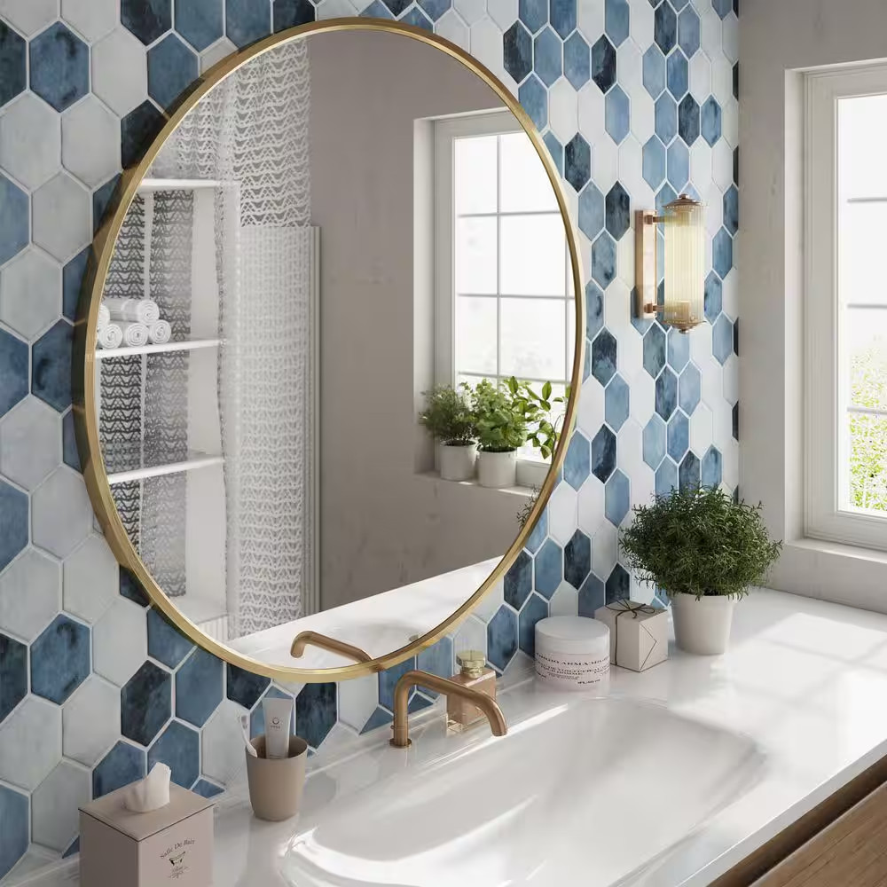 Hexagon Blue Mix 11.8 In. X 10.2 In. Matte Recycled Glass Cement Looks Floor and