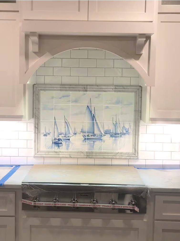 Sailboats scene tiles in delft style, nautical shower or kitchen back tiles
