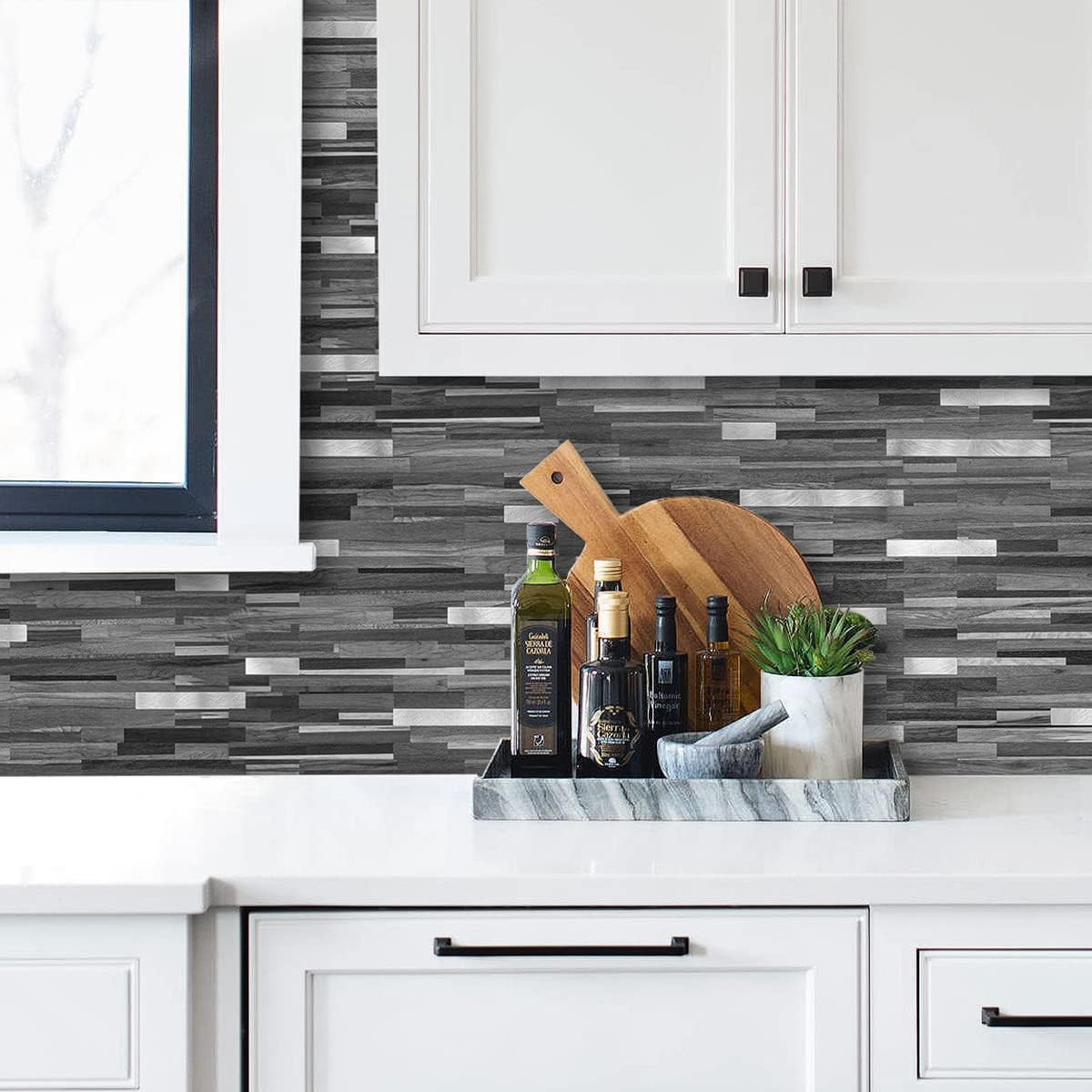 20 Sheets Peel and Stick Backsplash, Black & Grey Wood Look PVC Mixed Metal Stic