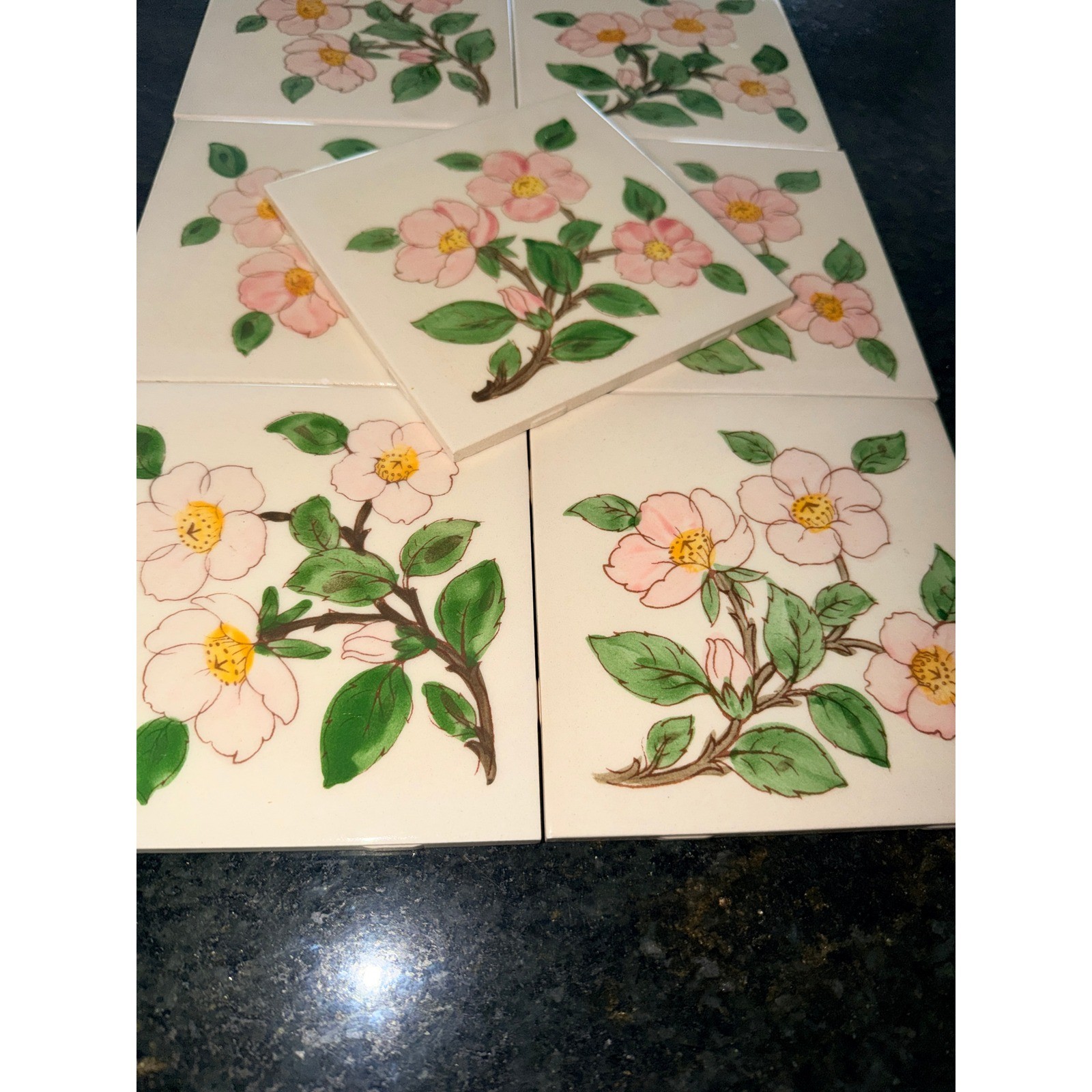 Vintage Franciscan Desert Rose Ceramic Tiles Set of 7 Hand Painted Floral USA