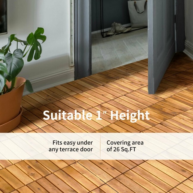 Costway 27PCS 12″ x 12″ Acacia Wood Deck Tiles Interlocking Patio Stripe Pattern