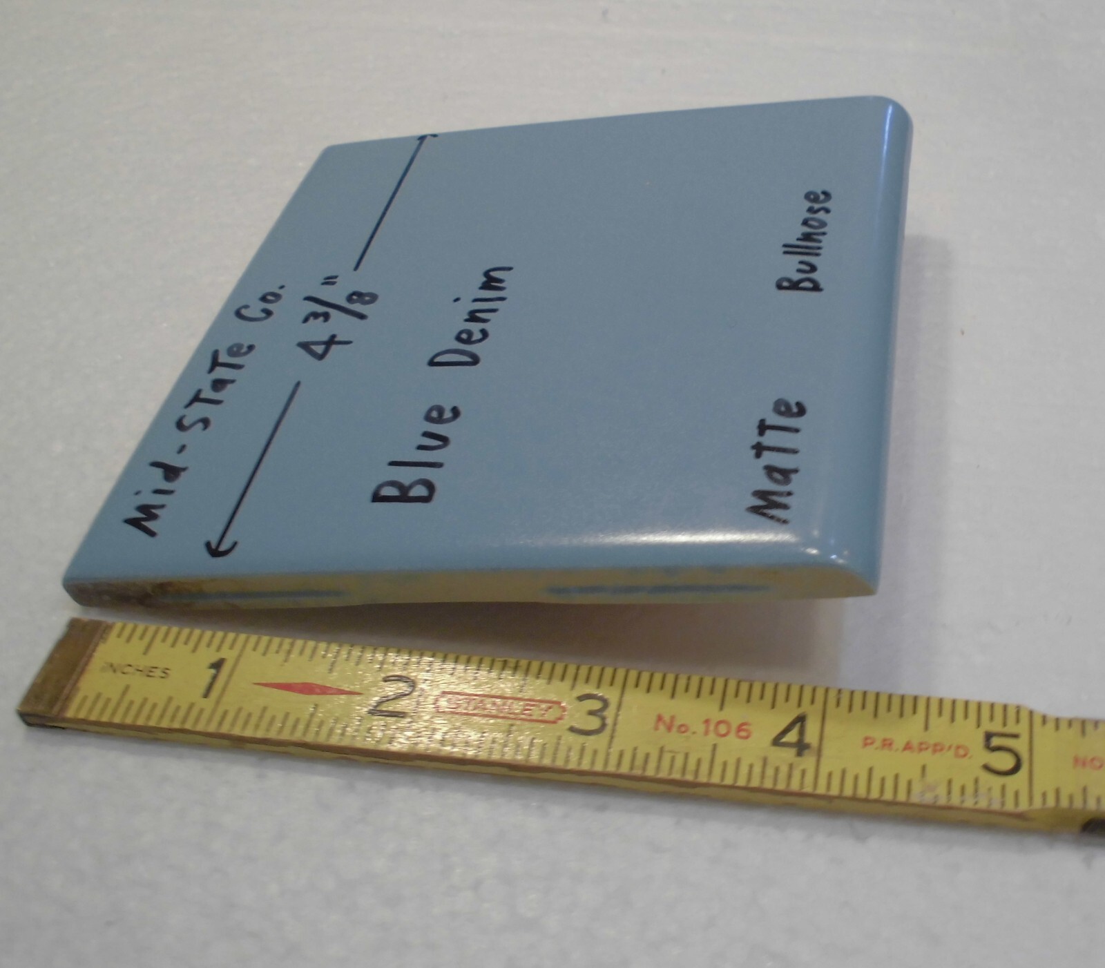 1 pc. Blue Denim: Matte Ceramic Bullnose Tile 4-3/8″ by Mid-State Co. NOS