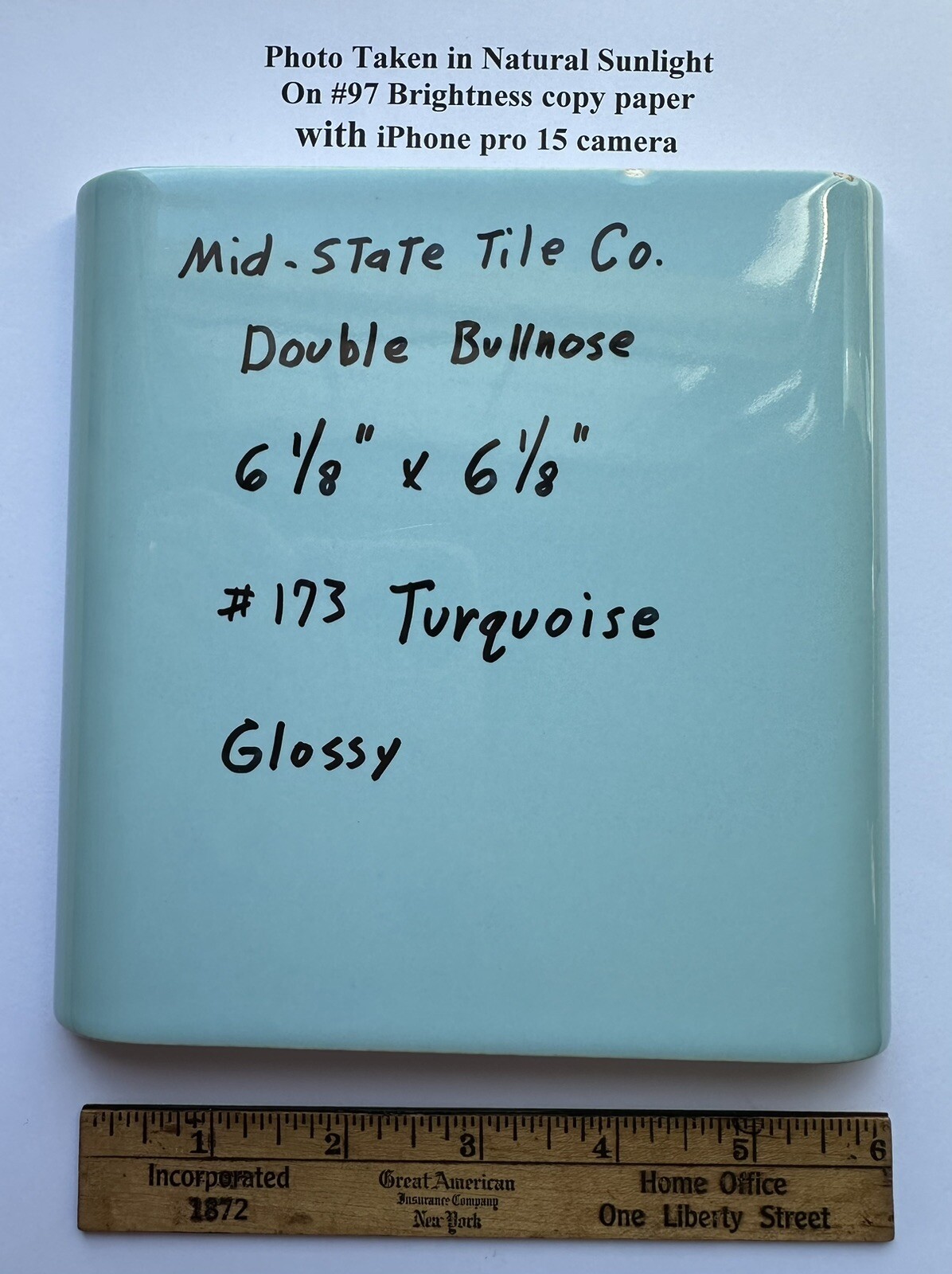 1 pc. Turquoise 6″ x 6″ Double Radius Bullnose Glossy Ceramic Tile: made 1950’s