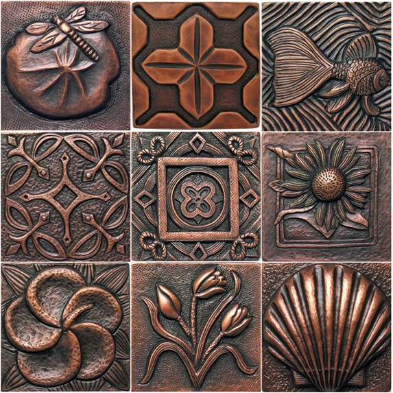 COPPER 4″ x 4″ x 3/8″ DECORATIVE WALL TILE (9 DESIGNS)