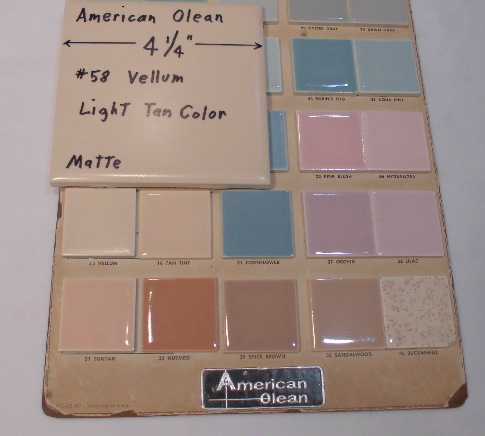1 pc. Vintage Ceramic Tile *Matte Vellum* by American Olean Co. 4-1/4″ Light Tan