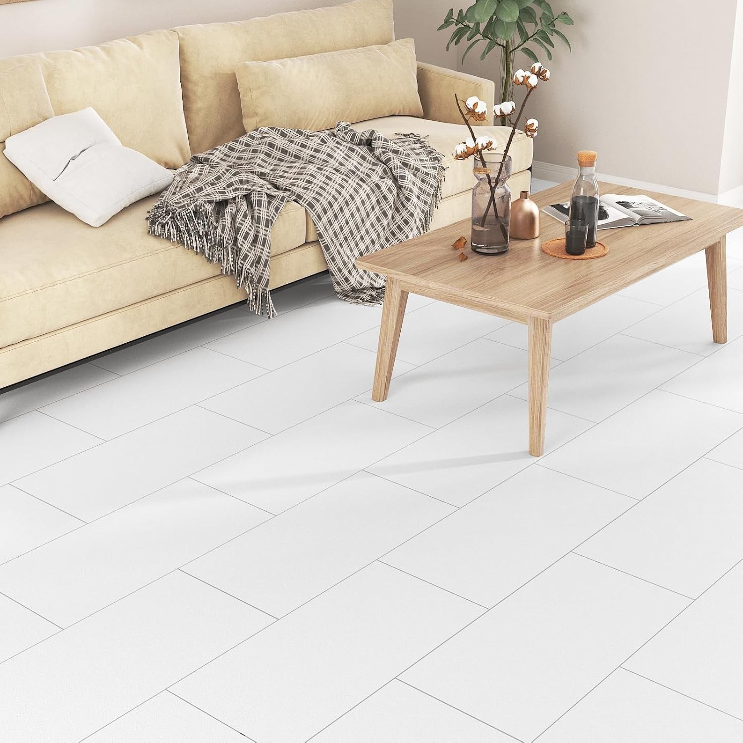White Floor Tiles Peel and Stick 12″x24″ Self Adhesive Sheet Vinyl Flooring