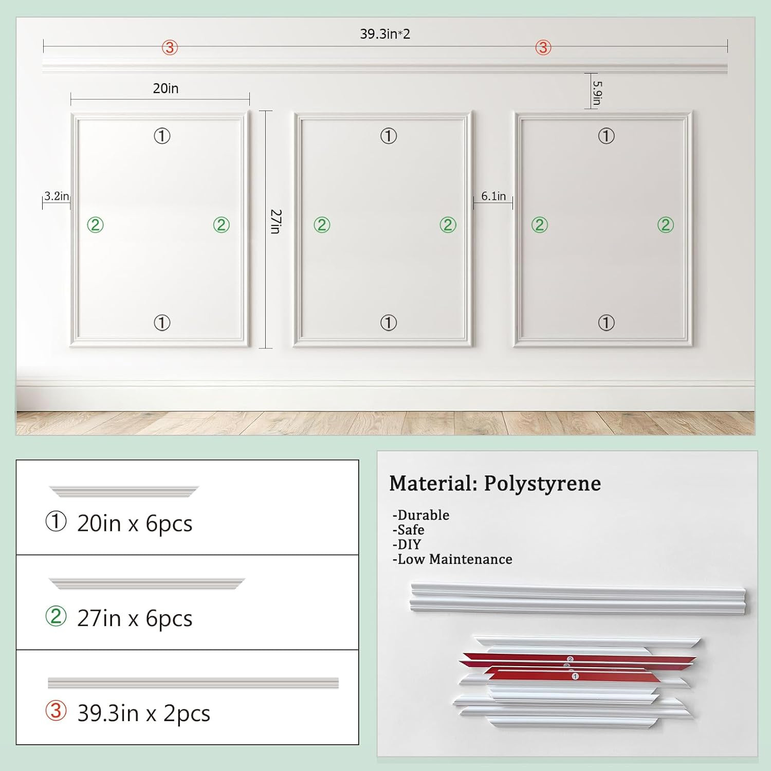 Peel and Stick Wainscoting Panels, 3 Set 20″X27″ Wall Molding + 2Pcs Chair Rail