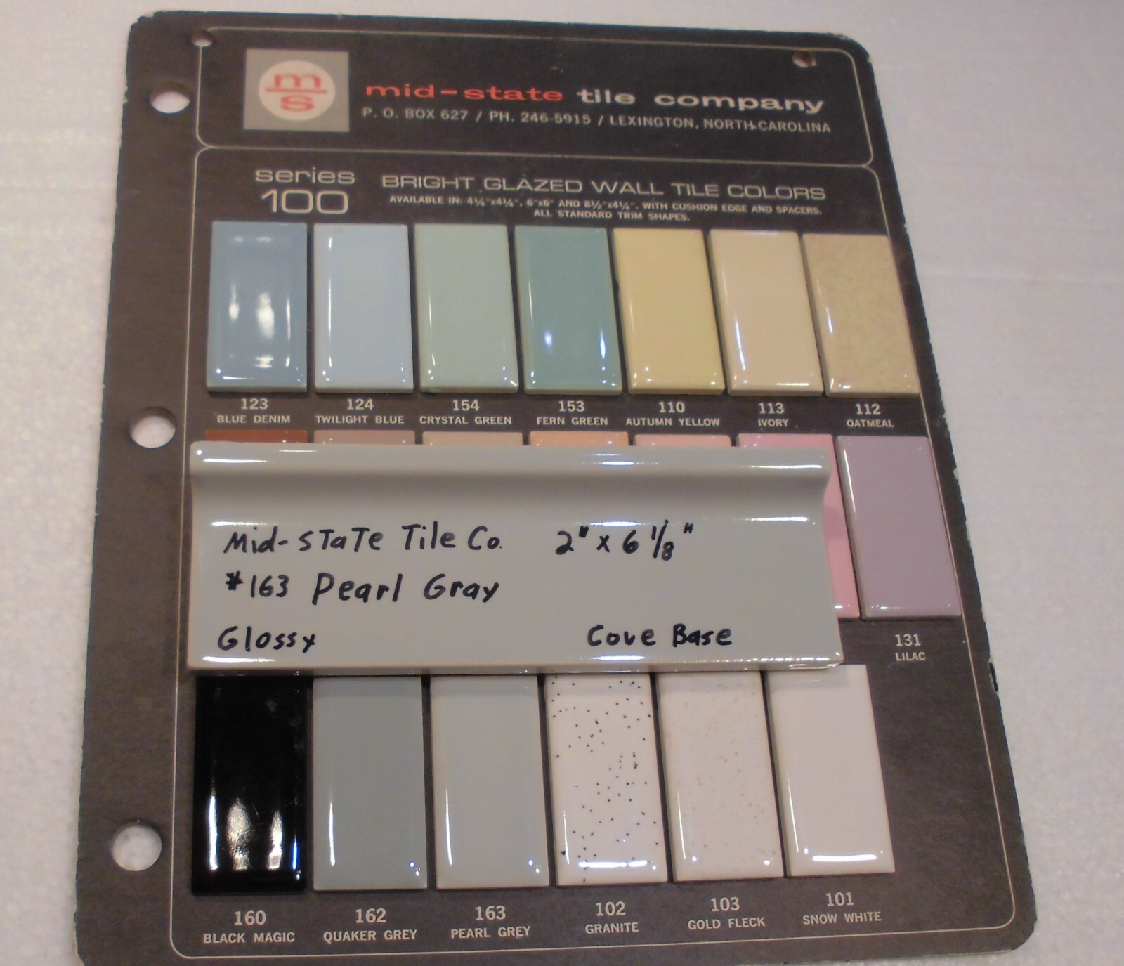 1 pc. Pearl Gray: 2” X 6-1/8” Glossy Ceramic Cove Base Tile, Flat Top, NOS