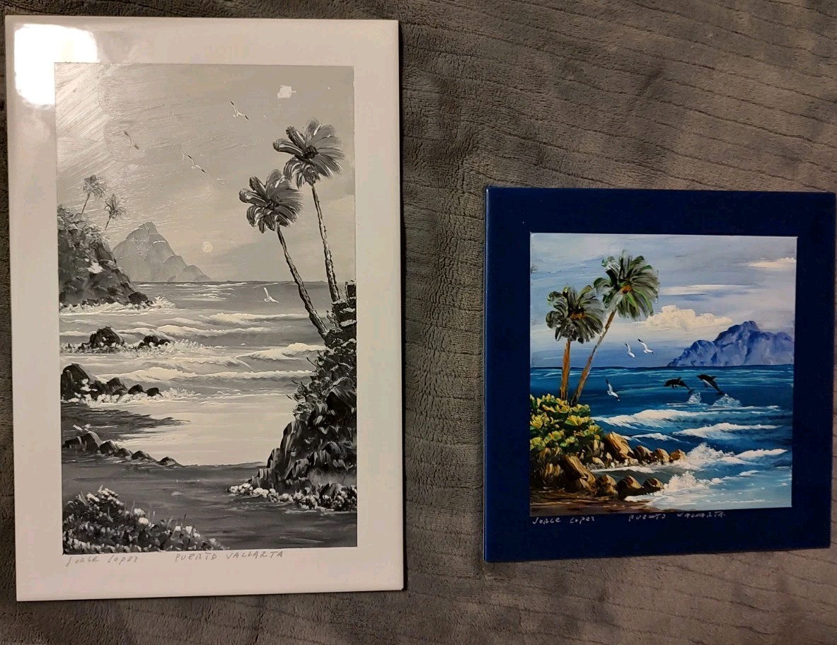 2 Signed art Tiles w/Beach Painting 11 3/4″ x 8″ and 8″ square by Jorge Coper