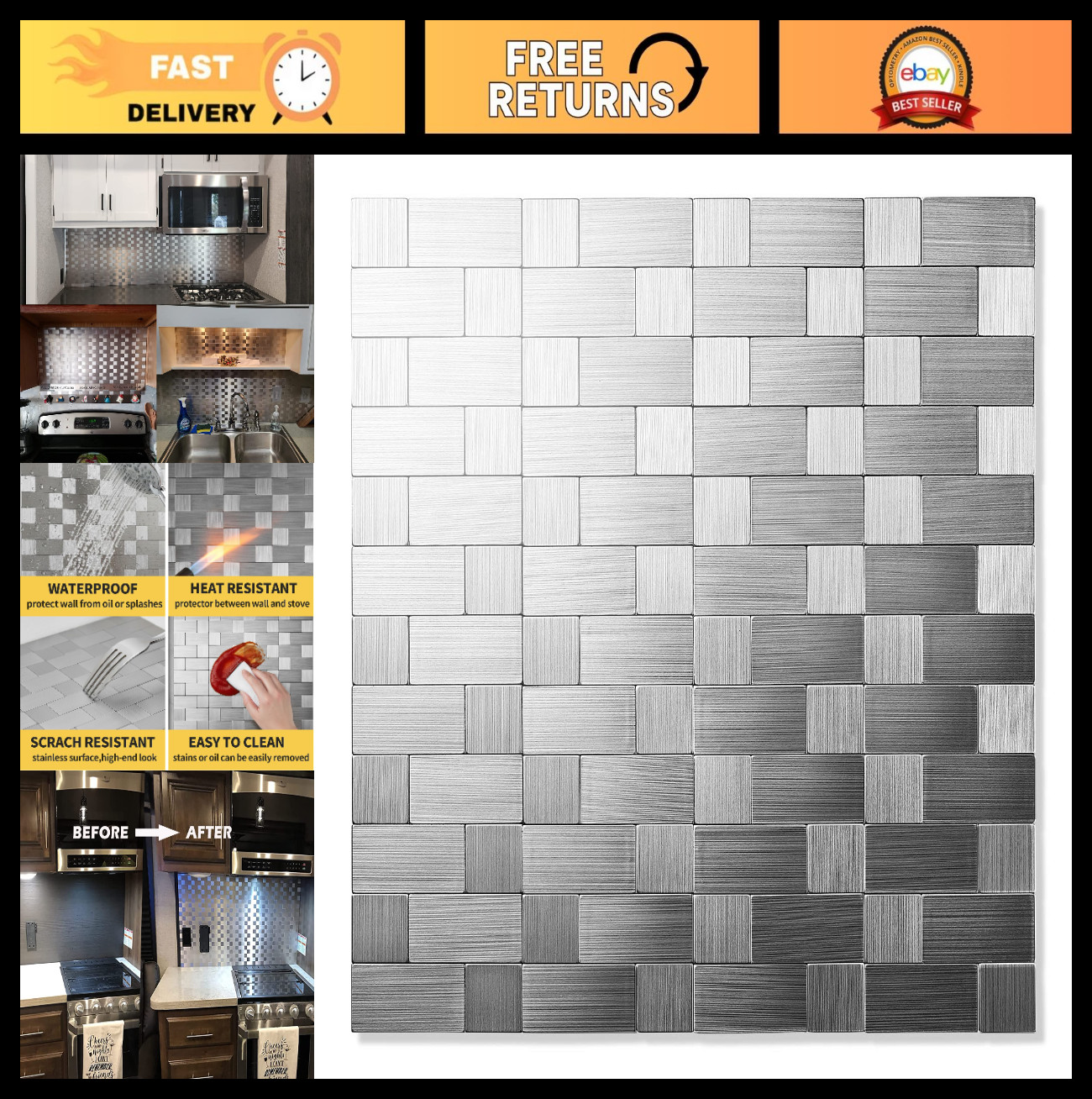 10-Sheet Peel and Stick Kitchen Backsplash, Stainless Steel Metal Tiles, 12″x12