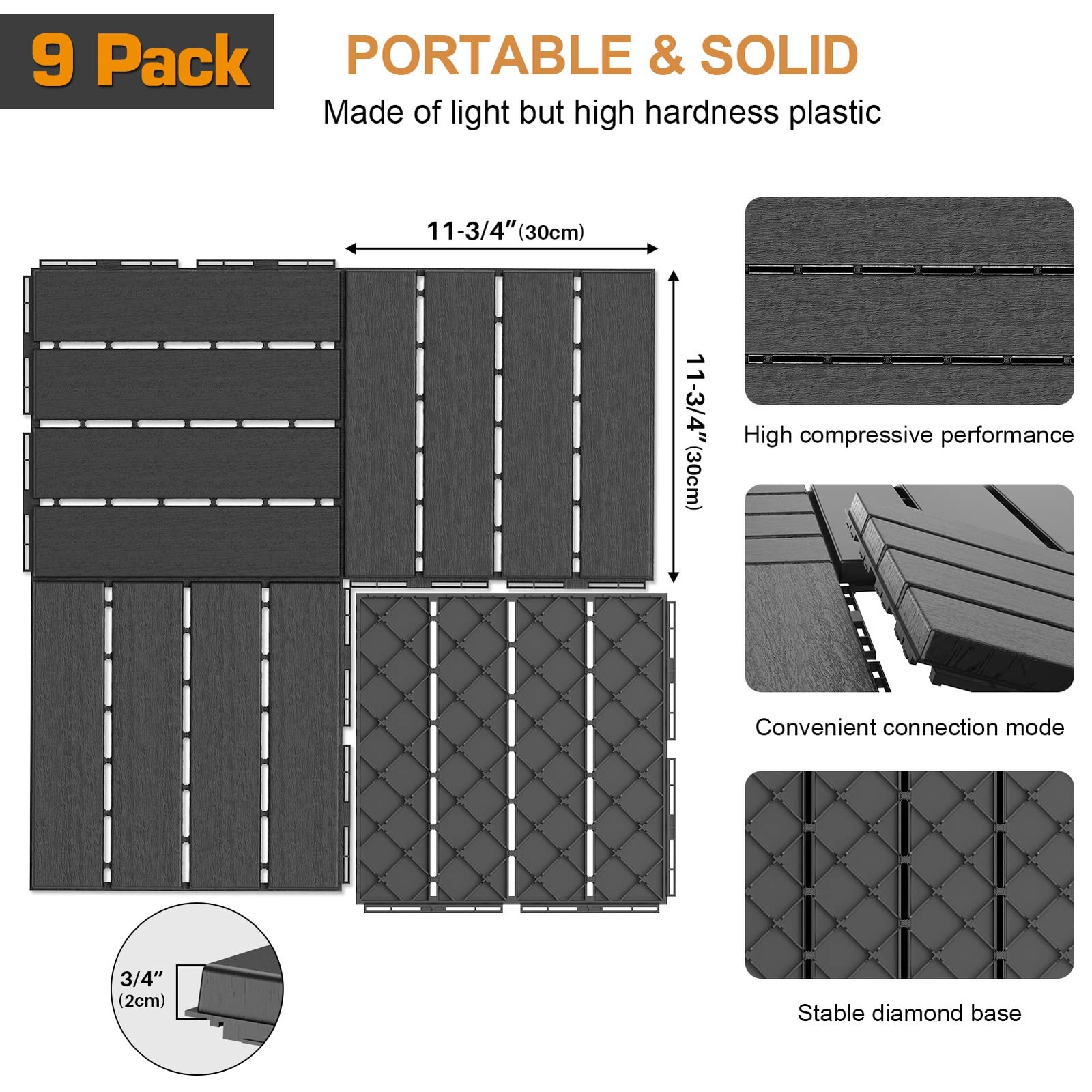 Plastic Interlocking Deck Tiles, 9 Pack , 12″x12″ Waterproof Outdoor Flooring…