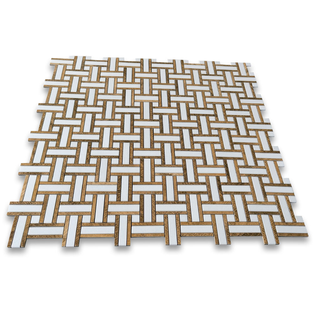 T66A8XP Thassos White Marble Twine Basketweave Mosaic Tile Yellow Woodgrain