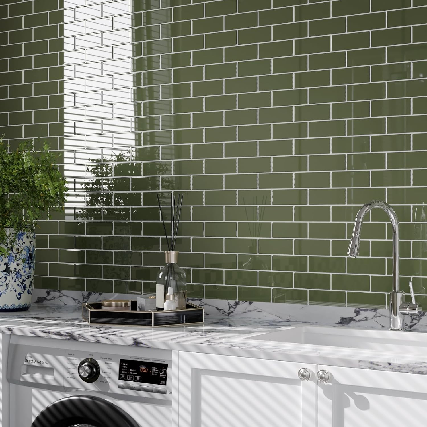 Sage Green Peel and Stick Subway Tile Backsplash – 20 Sheets, 12″x12