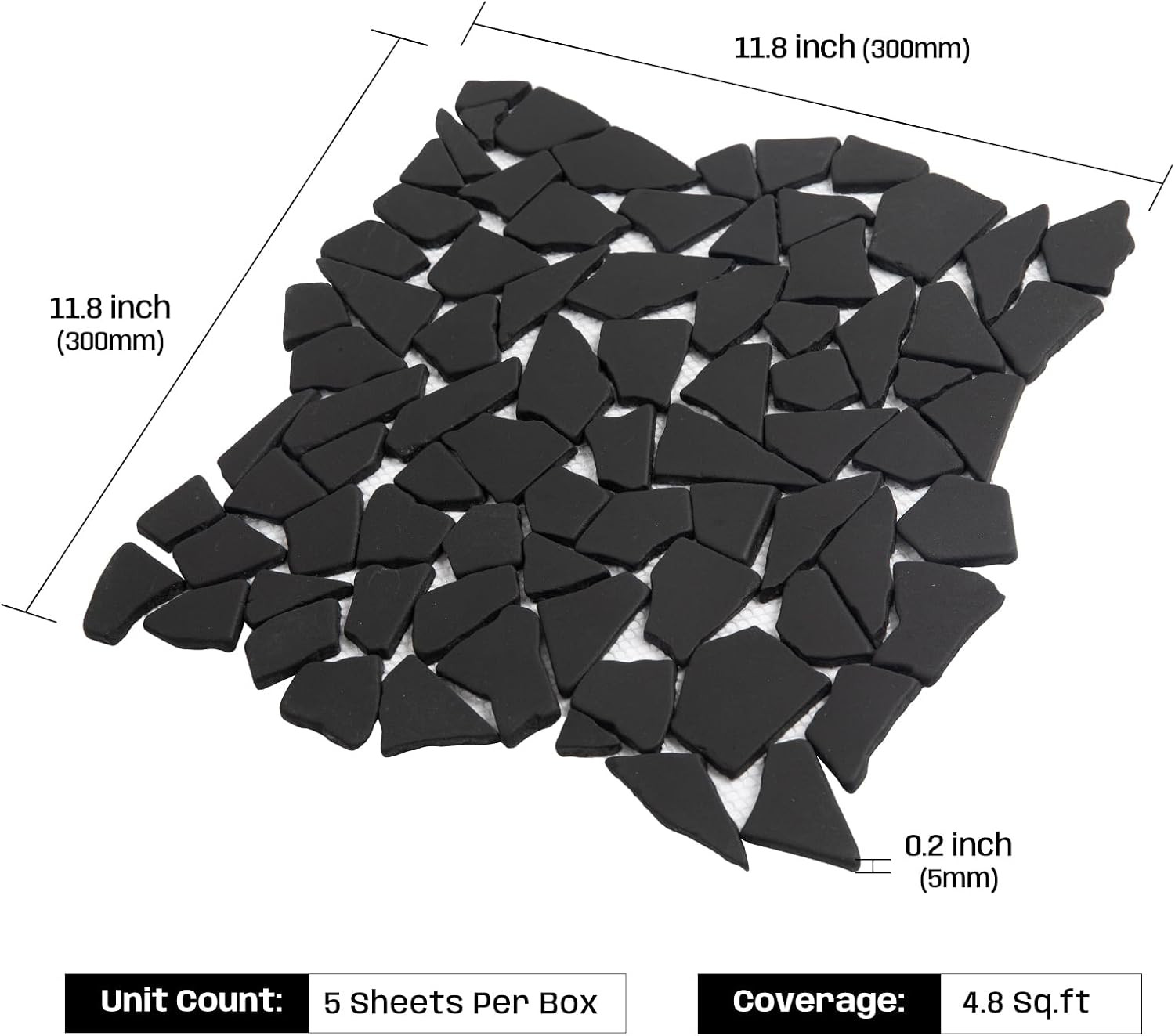 Black Geometric Pebble Tile for Shower, Kitchen, and Outdoor Areas – 5 Sheets