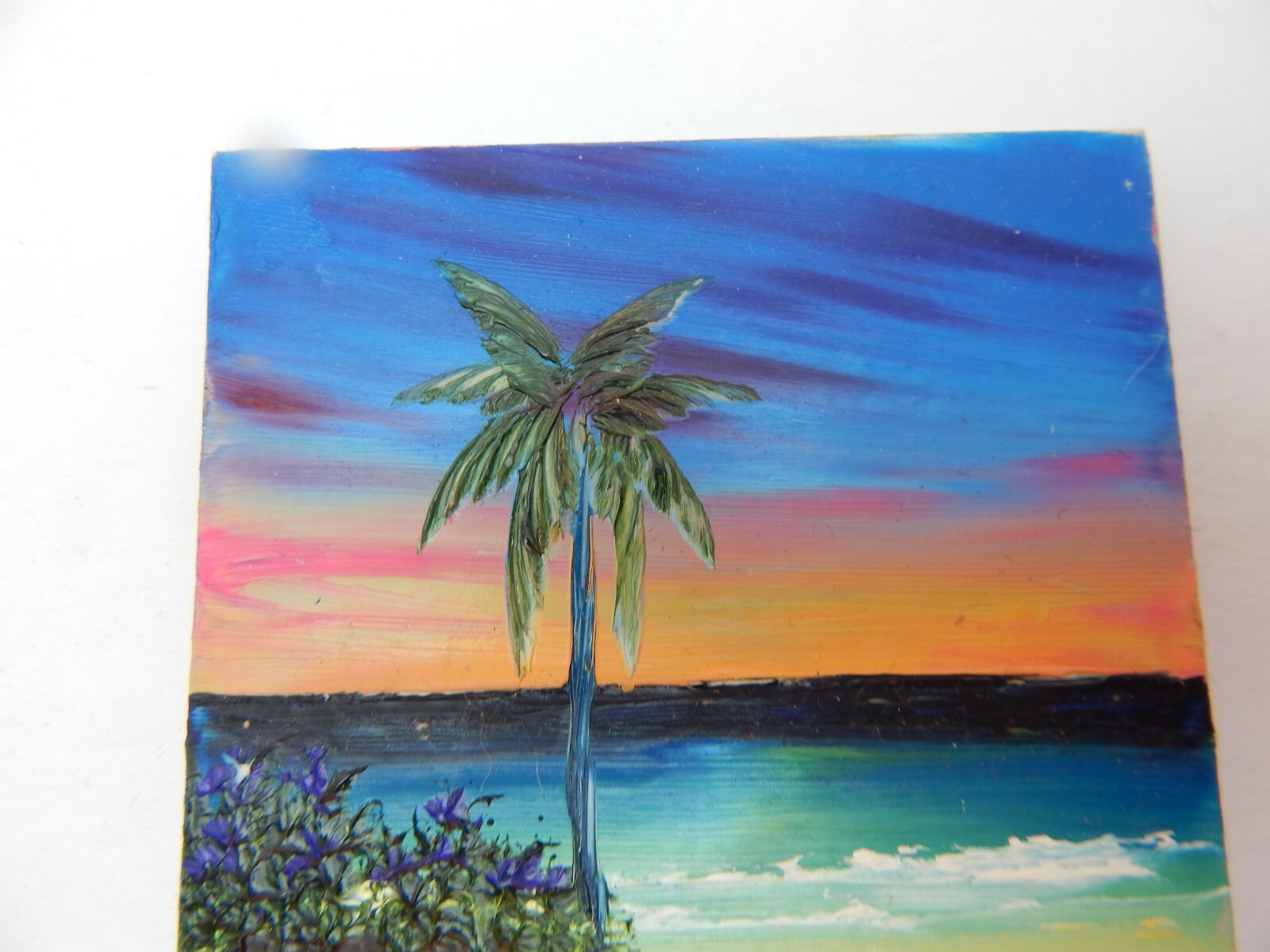 Painted Clay Tile Beach Water Palm Tree Sunset 4 In X 4 In Bathroom Kitchen w278