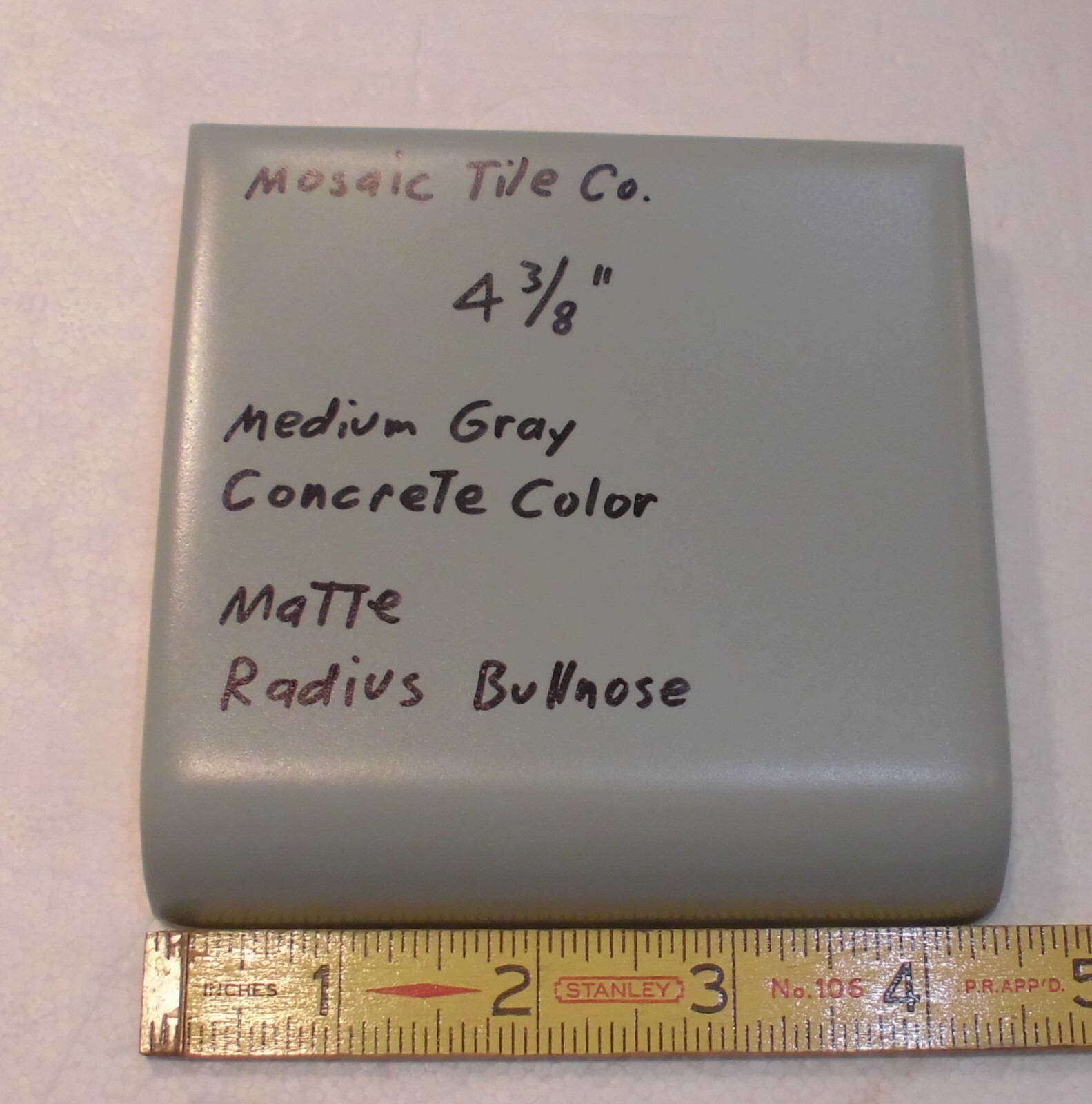 1 pc. Gray-Concrete Color: Matte Radius Bullnose Ceramic Tile 4-3/8″ Mosaic Co.