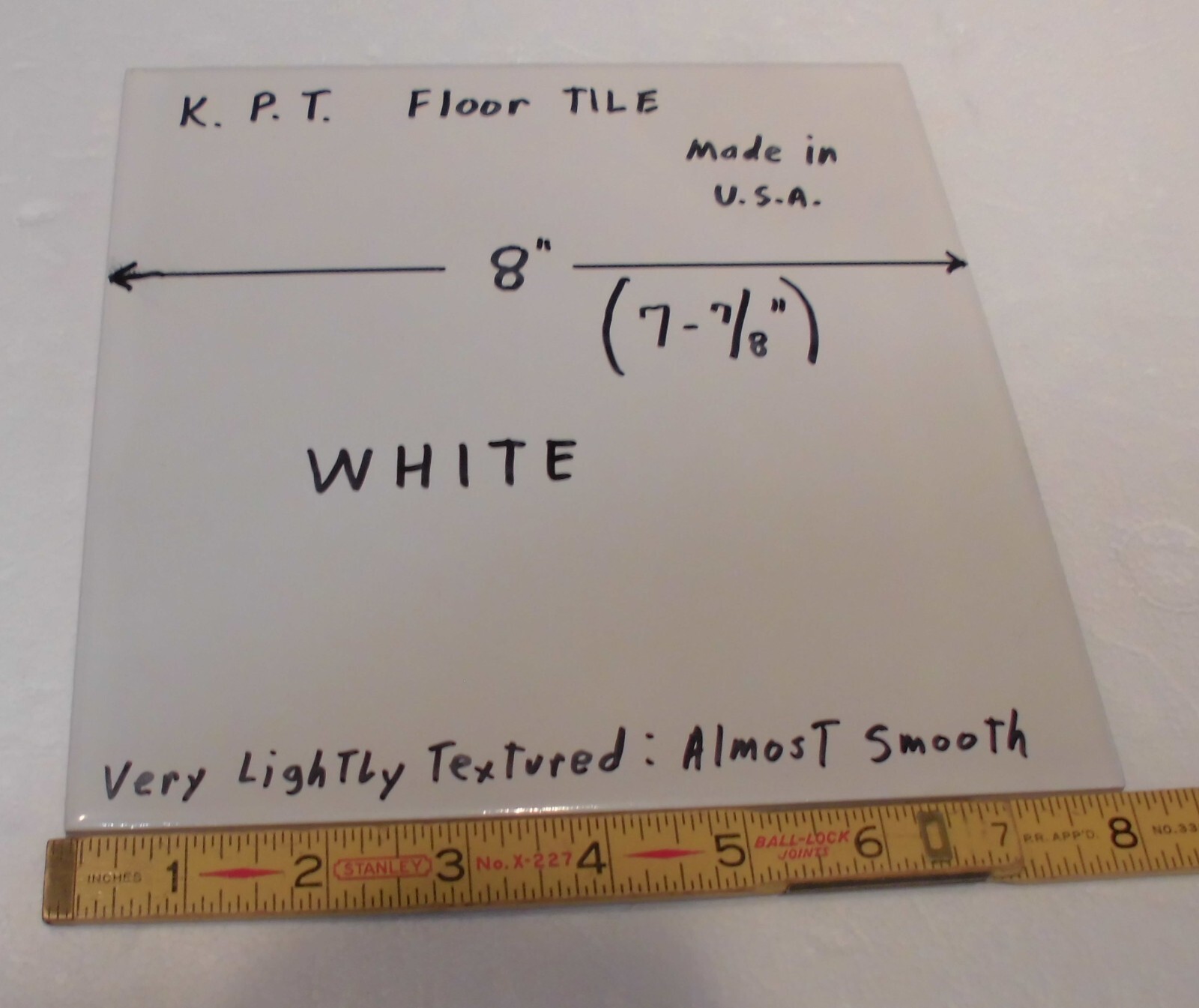 1 pc. Bright White Ceramic Floor Tile: 8″ X 8″ Smooth, Made USA by K.P.T. NEW