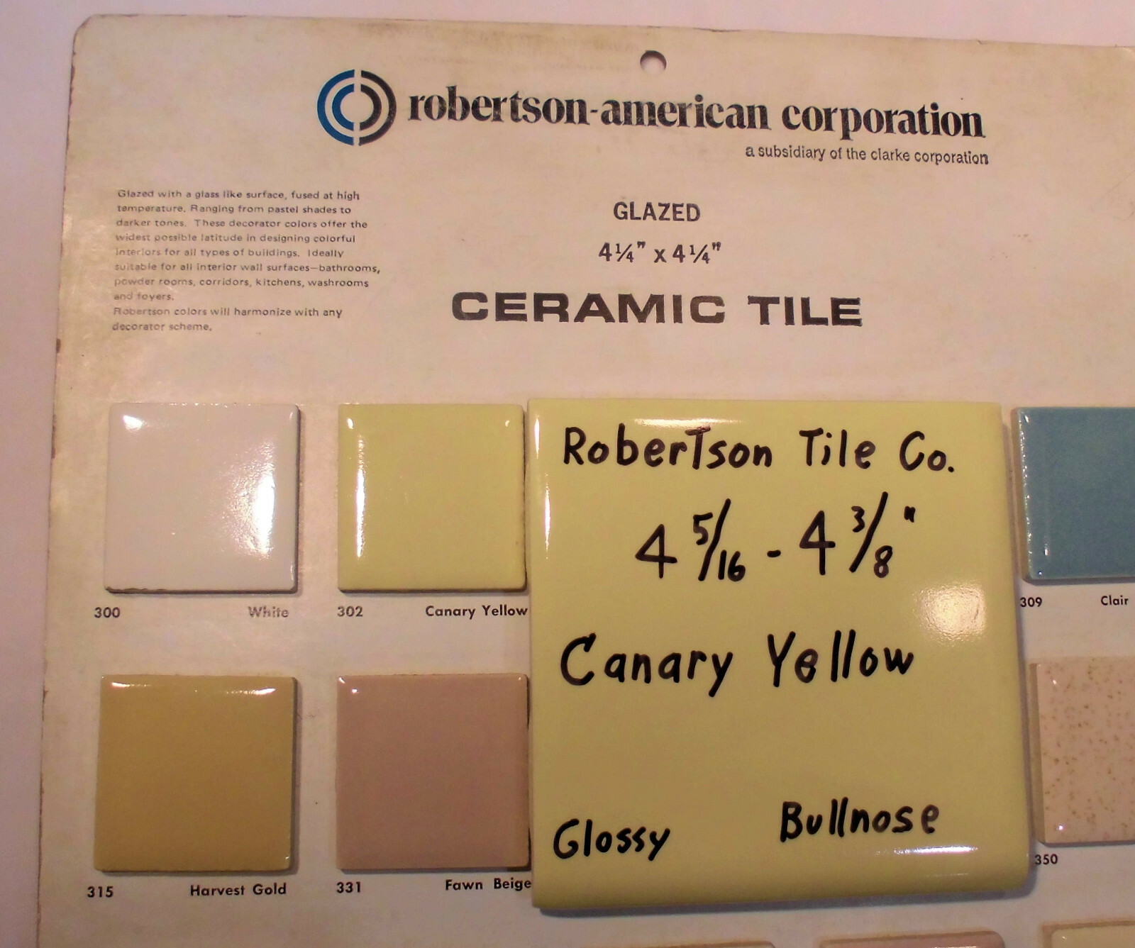 1 pc. Glossy Yellow Ceramic Tile 4-3/8″ ; Matches: Florida, Mosaic & Robertson
