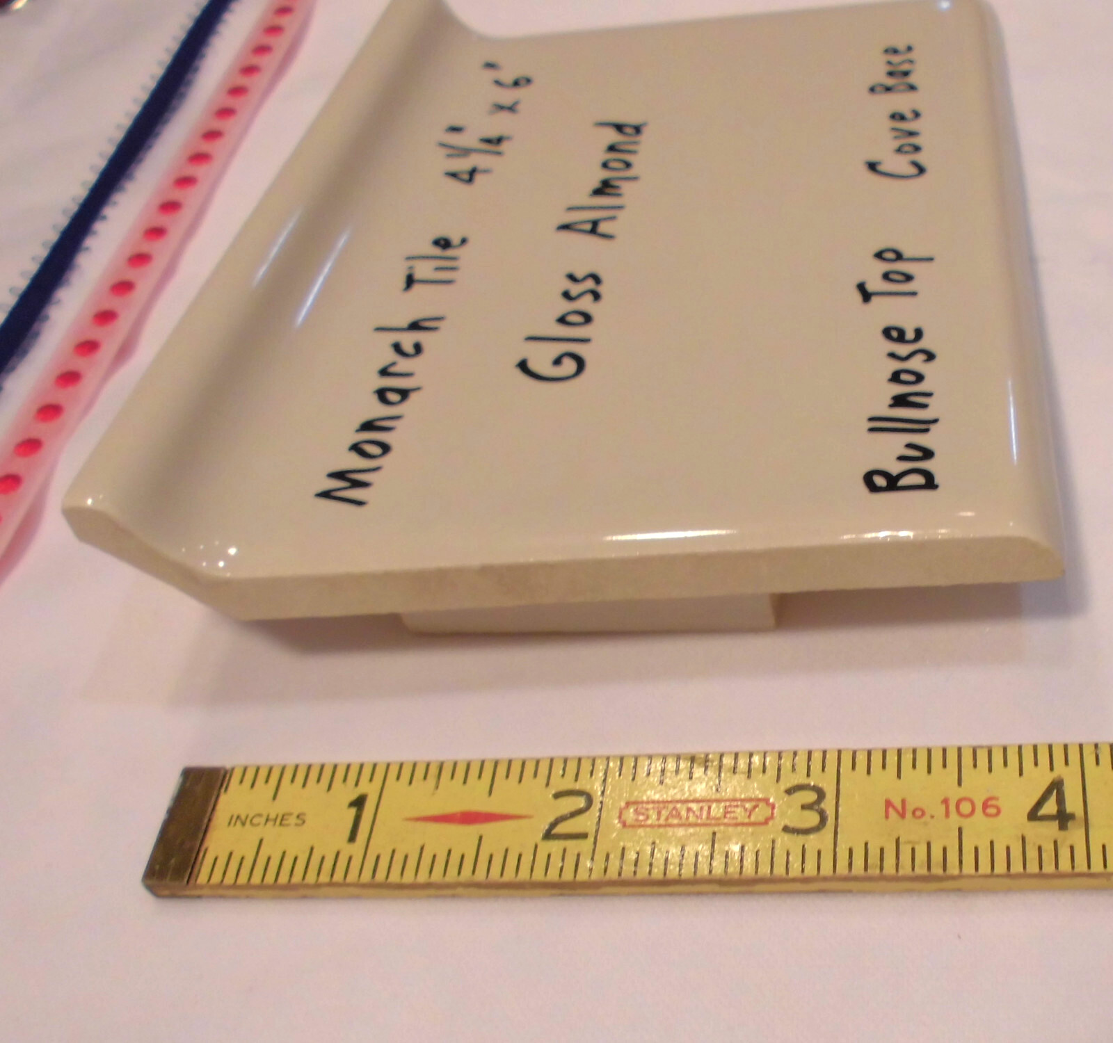 1 pc. Gloss Almond: Bullnose Top Cove-Base Ceramic Tile: 6″ X 4-1/4″ Monarch Co.