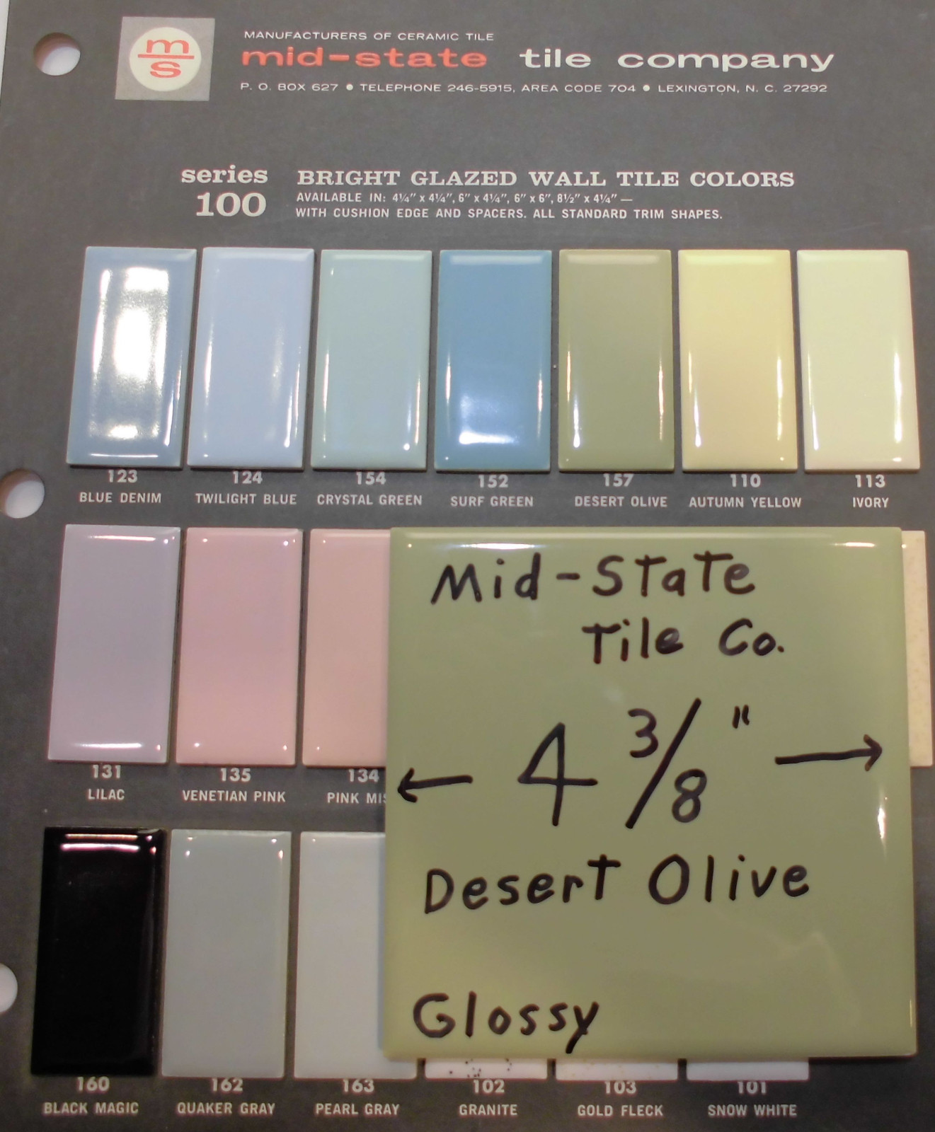 1 pc. *Olive Green Avocado* Glossy Ceramic Tiles by Mid-State Co…4-3/8″ NOS