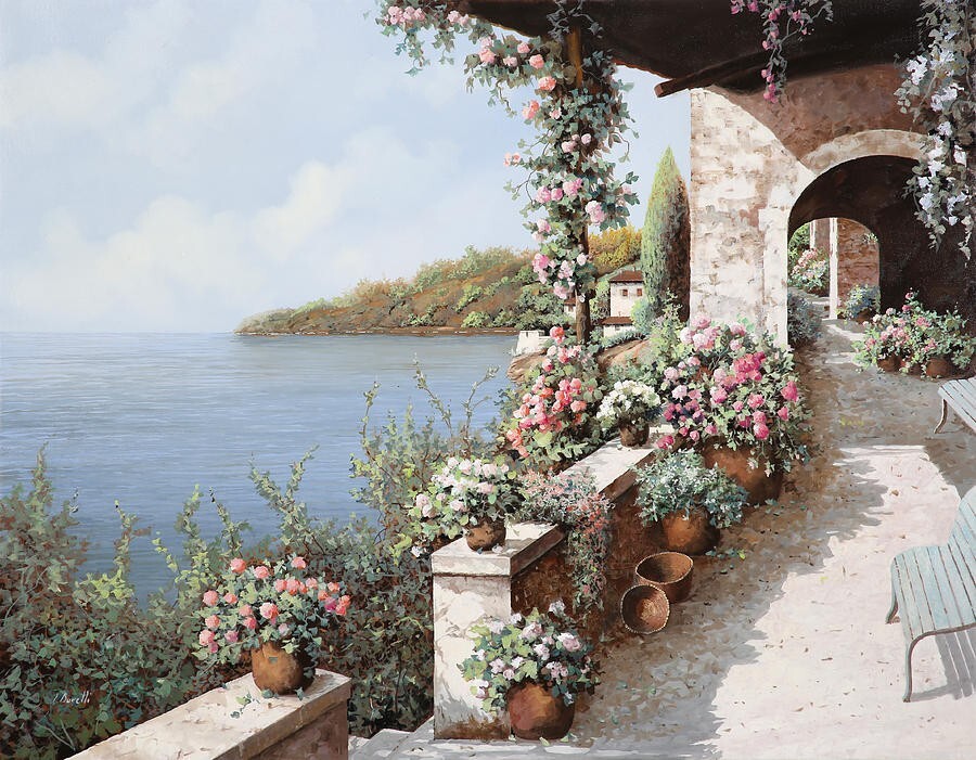 ceramic tile mural backsplash. Mediterranean seascape view terrace garden Tuscan