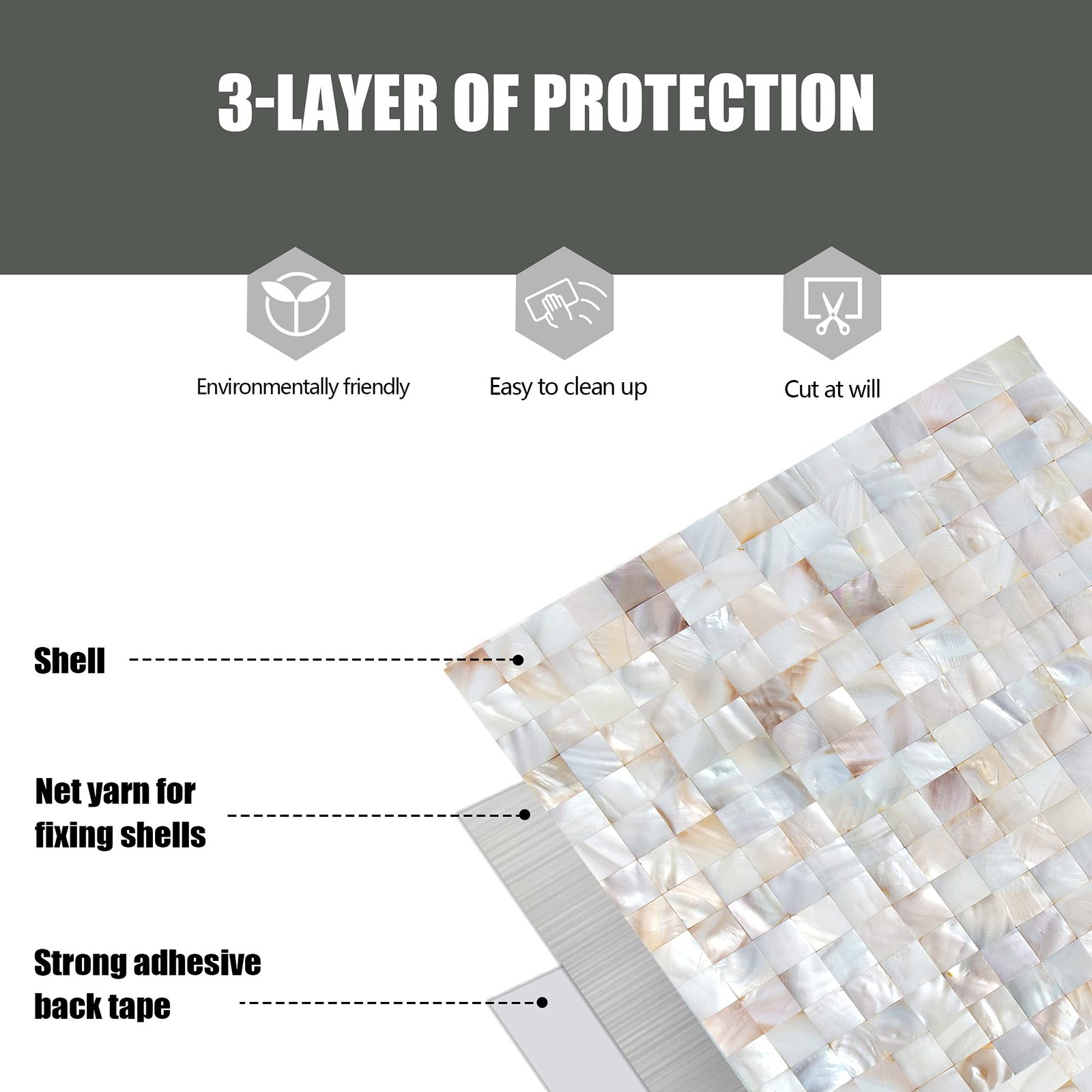 Peel Stick Mother of Pearl Shell Backsplash Tiles, 10 Sheets Natural