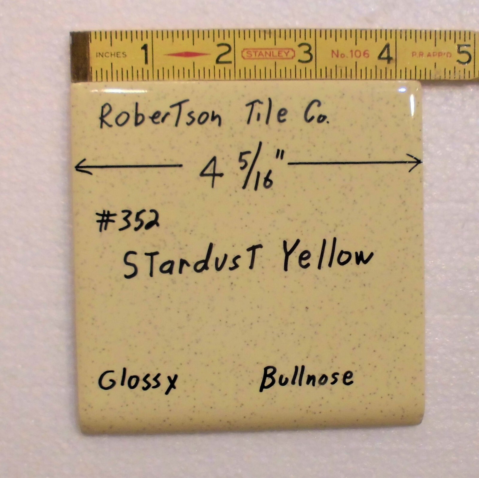 1 pc. Stardust Yellow: Vintage Glossy Ceramic Bullnose Tile 4-5/16” Robertson