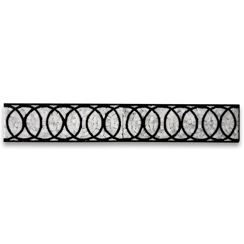 B0103P Eternal Rings Mosaic Border Carrara White Black Marble Listello Tile