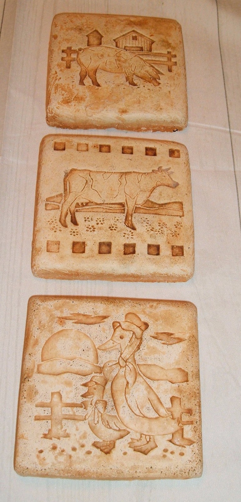Vintage Tiles set of 3 country Farm Artisan Tan thick Cow Pig Duck kitsch decor