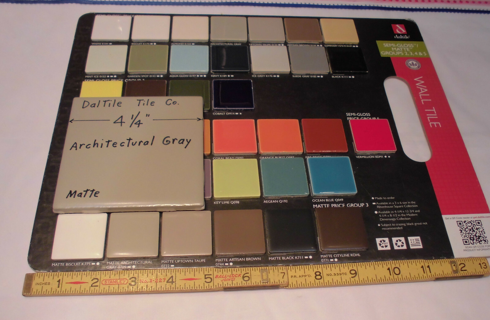 1 pc. *Architectural Gray* 4-1/4″ Matte Ceramic Tiles by Daltile Co. New Stock