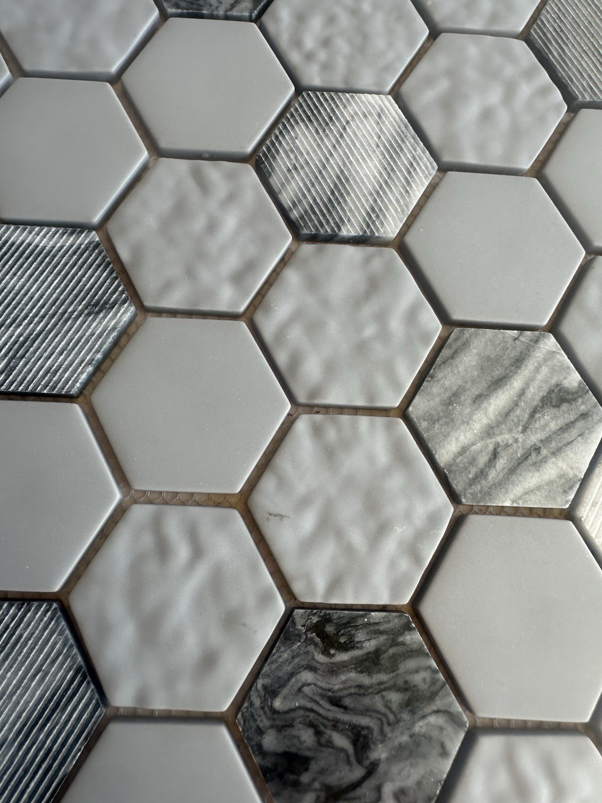 Grey Marble And Glass Hex Mixed Glossy, Matte And Textured Finish 12×12 Inch