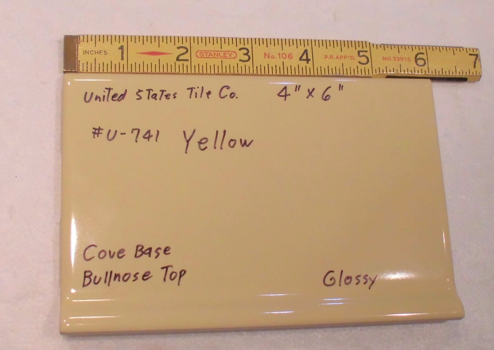 1 pc. Bright Yellow: Cove Base Ceramic Tile: Bullnose Top, Glossy 4″ X 6″ NEW