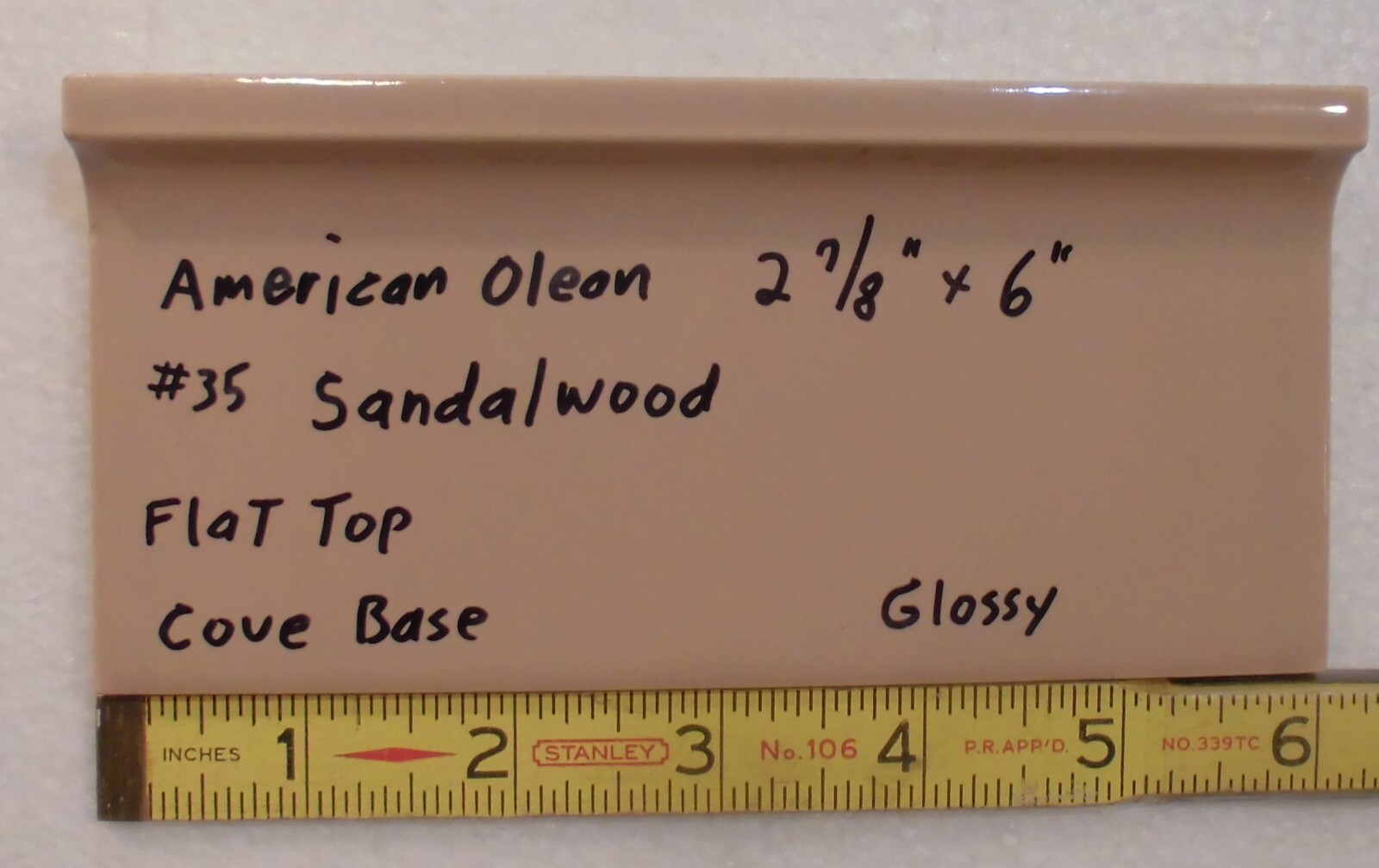 1 pc. Medium Brown: Flat Top; base/cove Ceramic Tile; 6″ X 2-7/8″ American Olean
