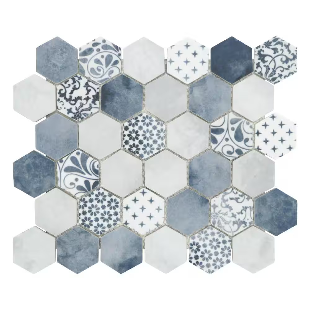 Concrete Blue Hexagon 11.7X10.2In. Mosaic Backsplash. Recycled Glass Cement Look
