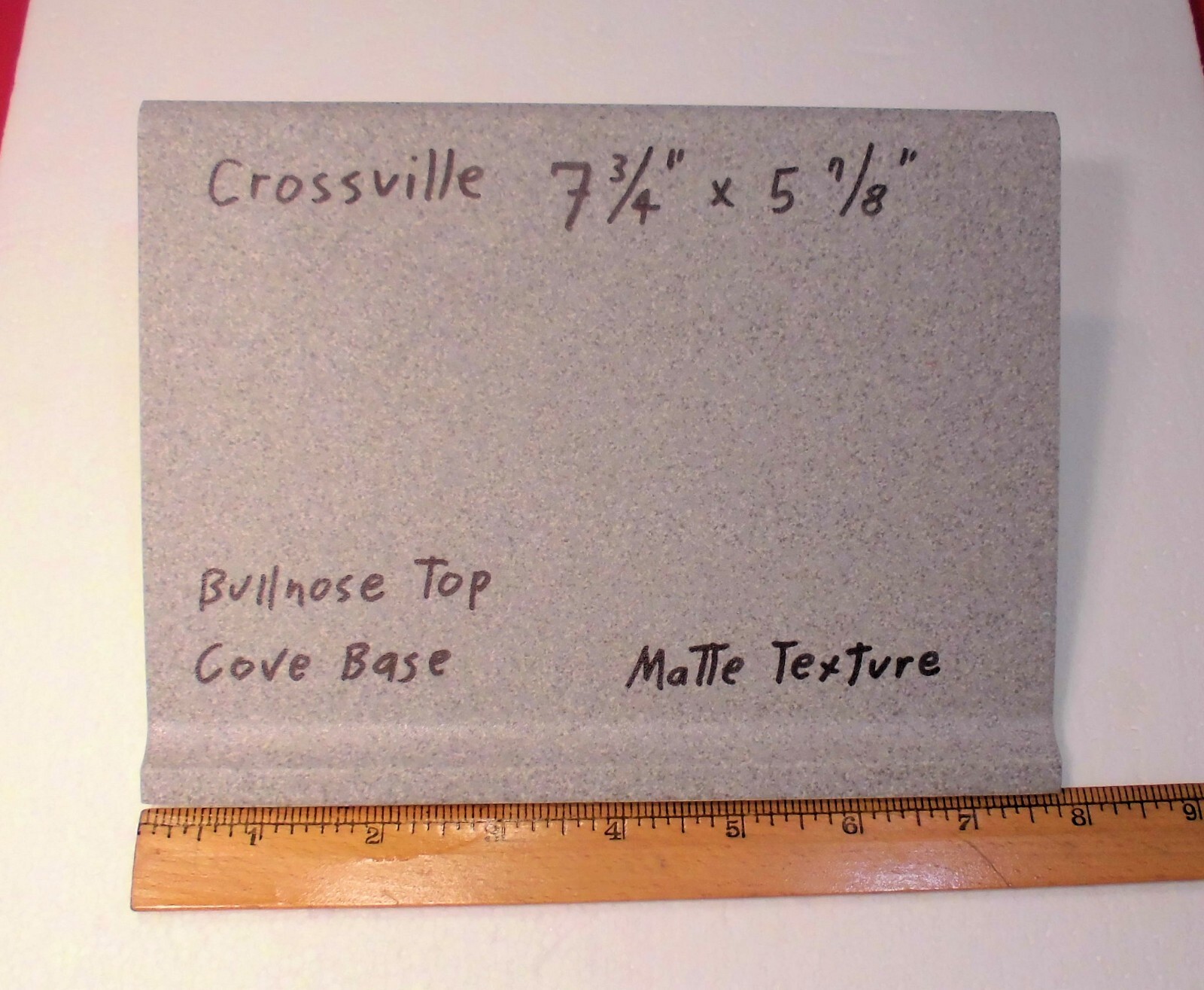 1 pc. Speckled Grays: Cove-Base Ceramic Tile, matte 7-3/4″ X 5-7/8″ Bullnose Top