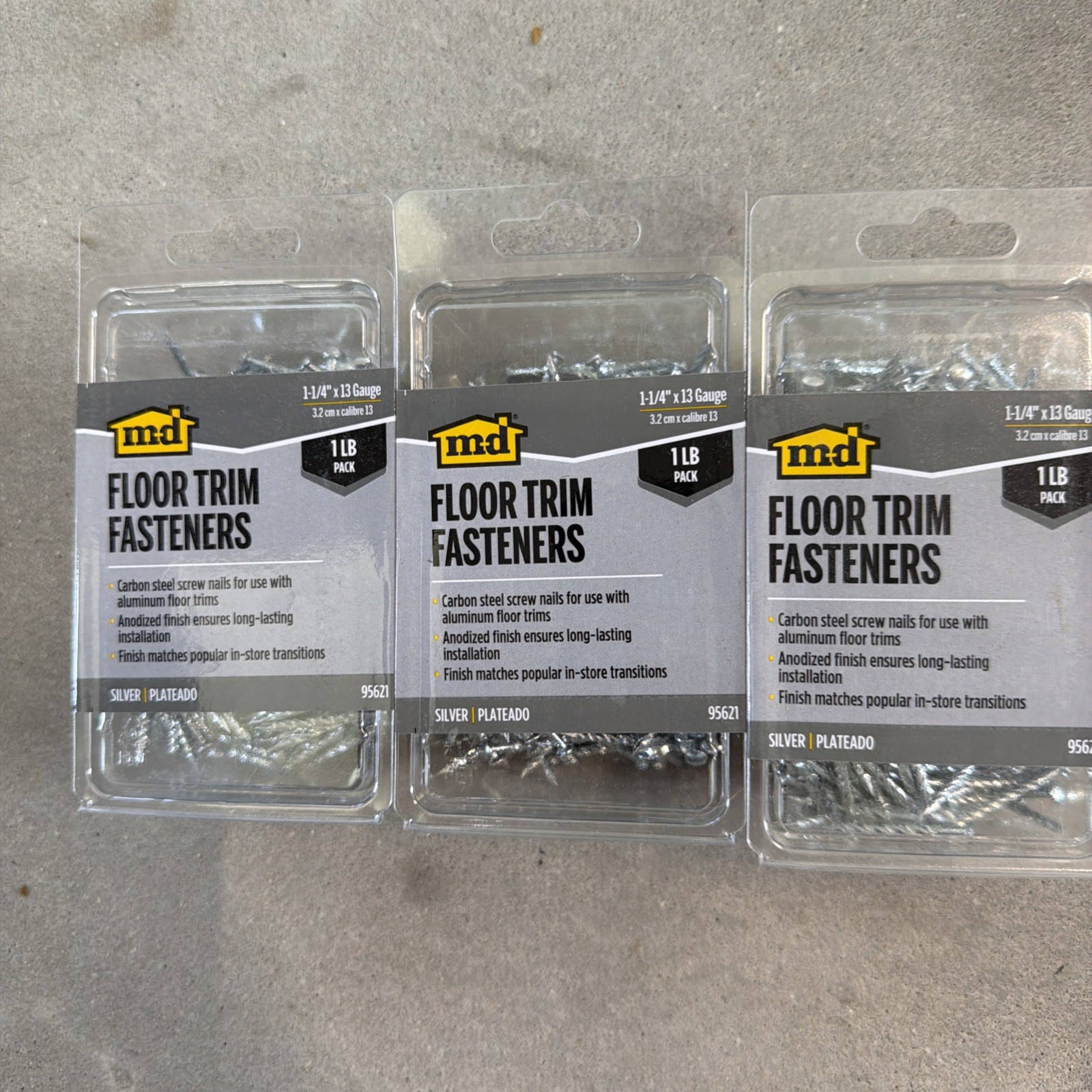 3 packs M-D 1-1/4″ x 13ga Floor Trim Fasteners 1 lb each pack Silver 95621