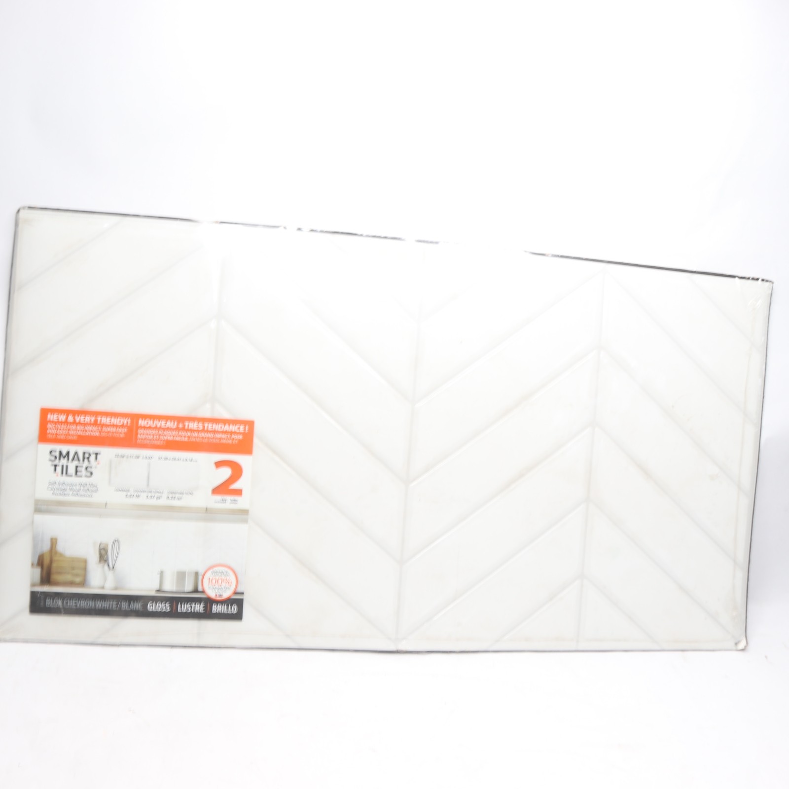 (2-Pk) Smart Tiles Chevron Peel & Stick 3D Tile Paper Backsplash Vinyl White XL