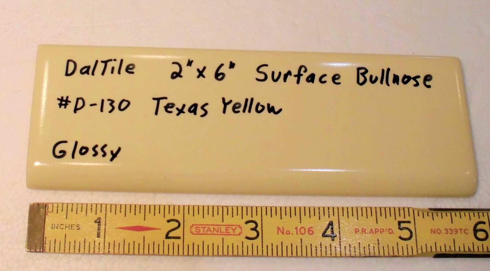 1 pc. Texas Yellow: Glossy Ceramic Bullnose Flat Trim Tile by Daltile in 1970’s