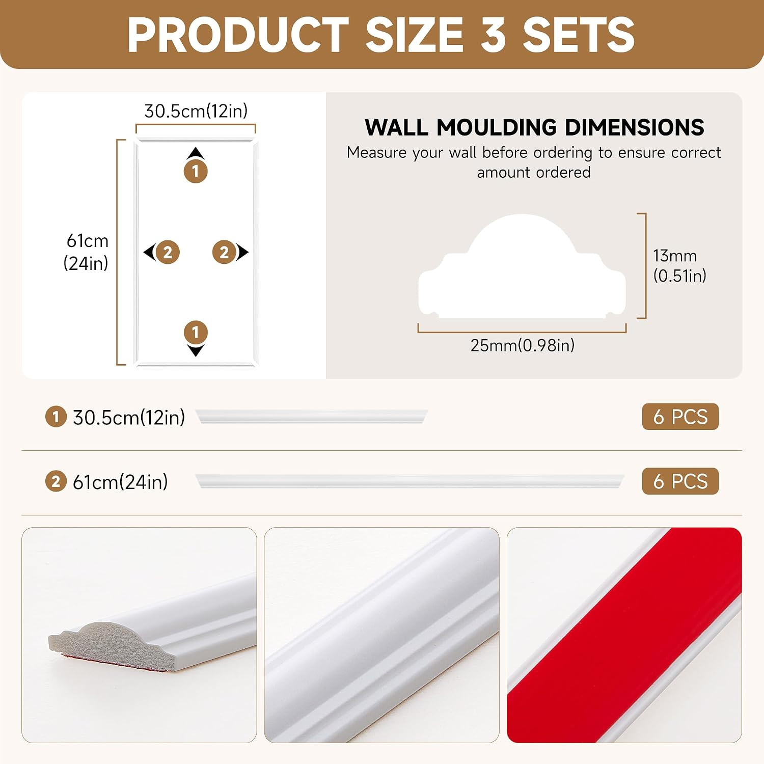 Peel and Stick Wall Molding Kit, 3 Sets 3D Pre-Cut Accent Molding Trim Wainscot
