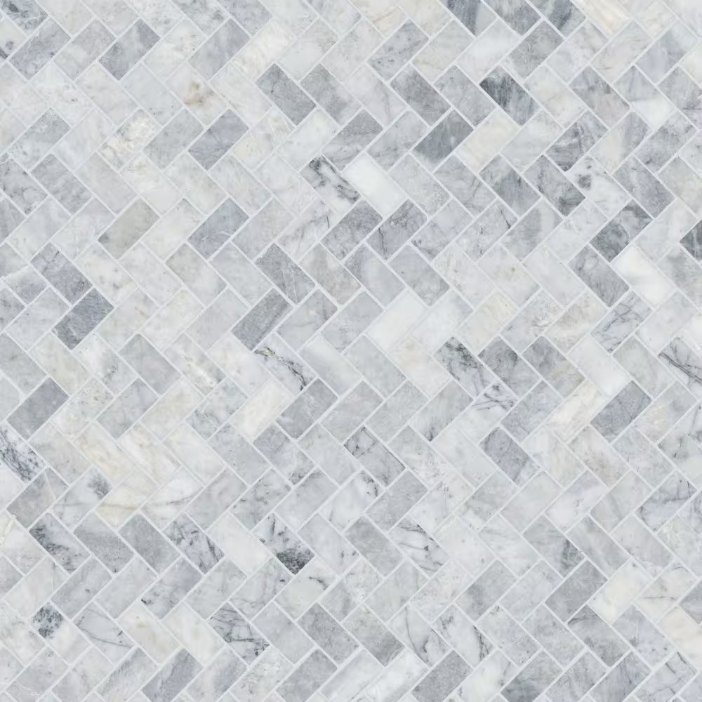 Capri Blue Herringbone 12 In. X 12 In. X 0.38 In. Honed Marble Mesh-Mounted Mosa
