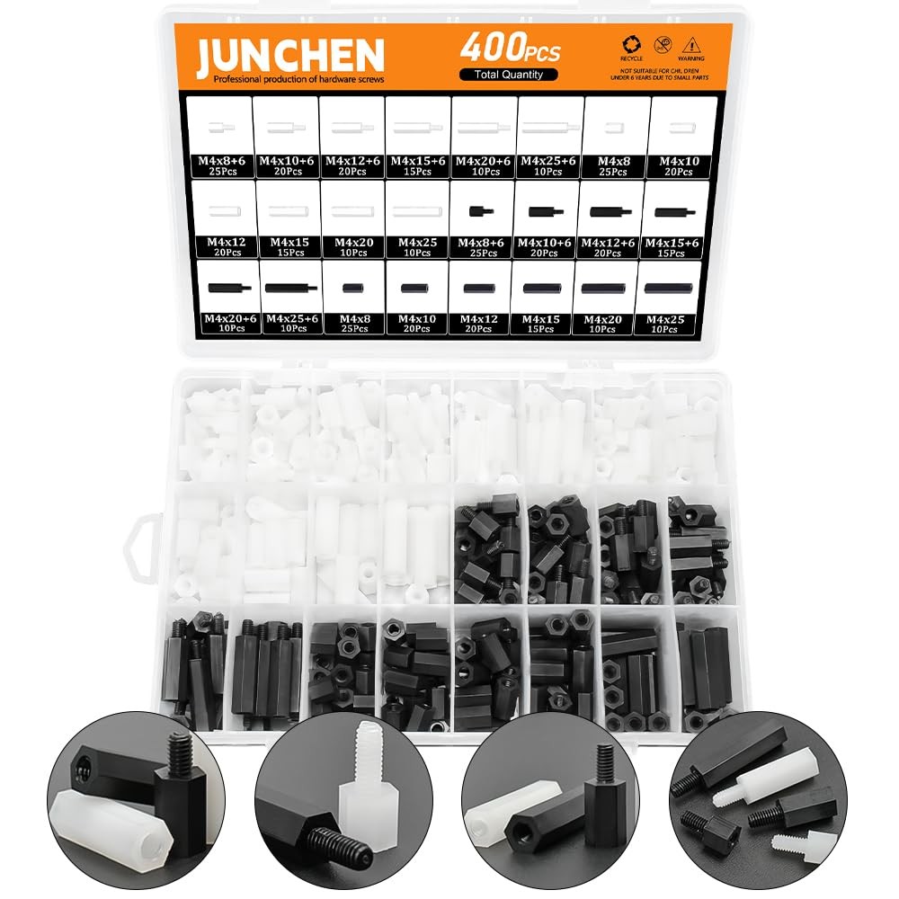 400pcs Hex Male Female Nylon Spacers Standoffs Assortment M4, Black and white