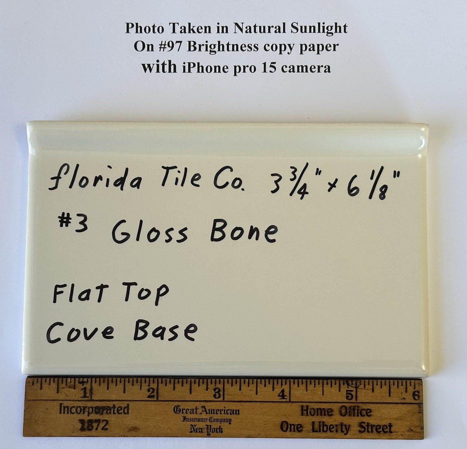 1 pc. Gloss Bone: 3-3/4″ X 6-1/8″ Ceramic Cove Base Tile, florida Co. Flat Top