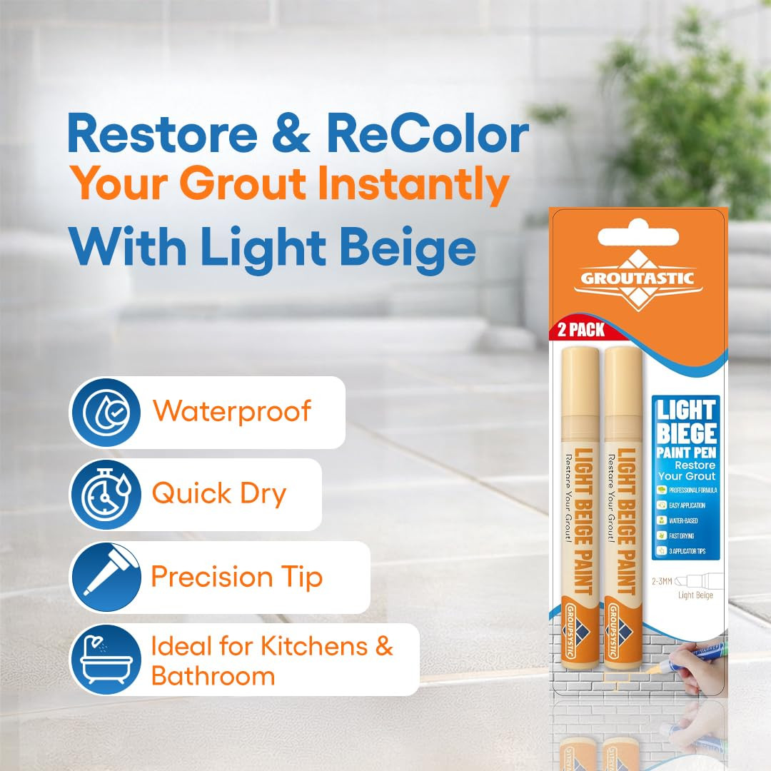 Grout Pen 2 Pack – Light Beige – Tile Grout Paint & Repair Pens for Bathroom & K