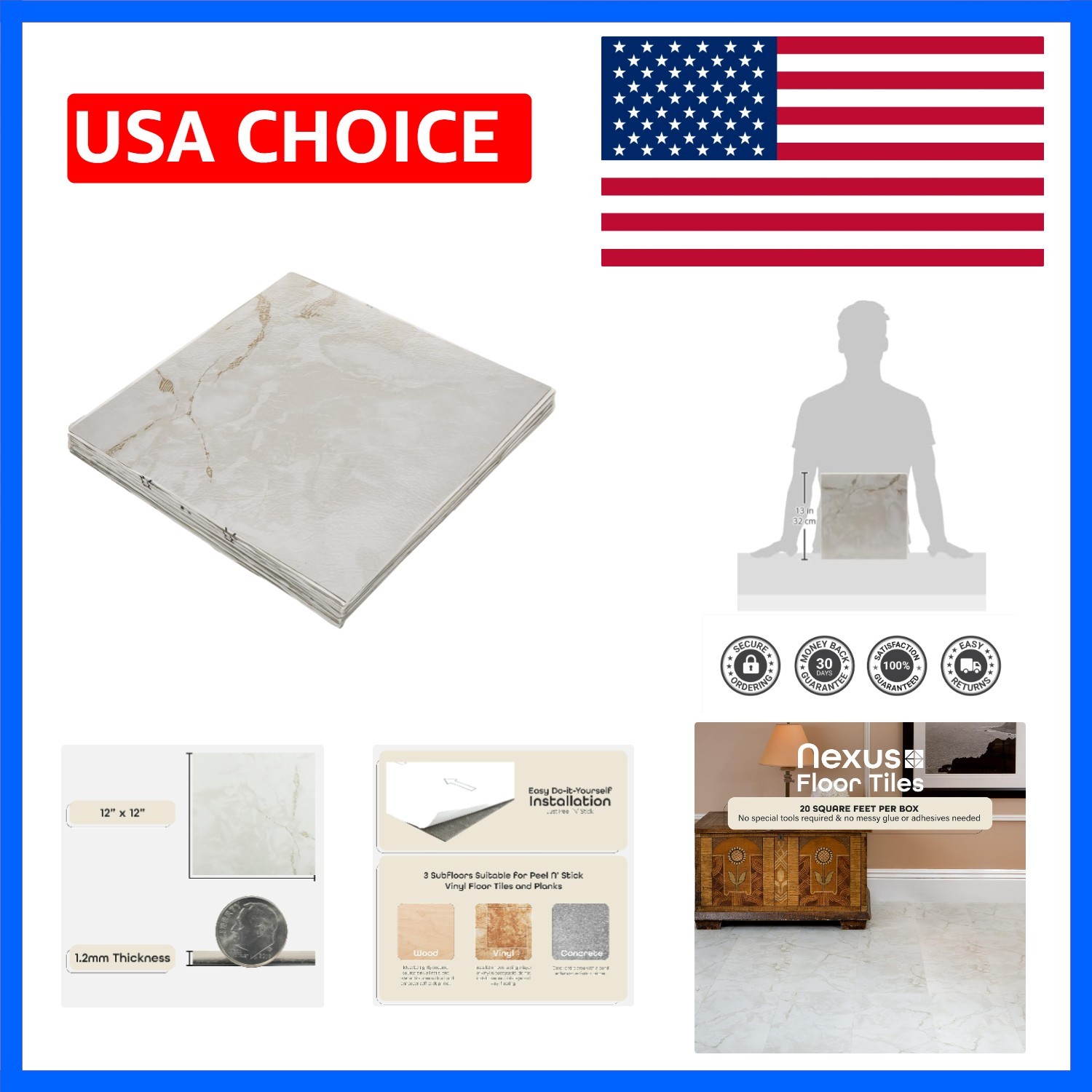 Nexus Self Adhesive 12-Inch Vinyl Floor Tiles, 20 Tiles – 12″ x 12″, Classic …