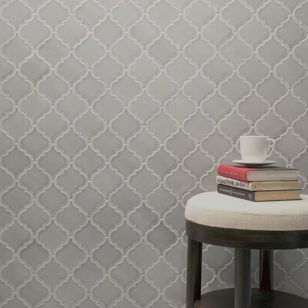 Dove Gray Arabesque 11 In. X 15 In. Crackled Glossy Ceramic Mosaic Kitchen & Bat